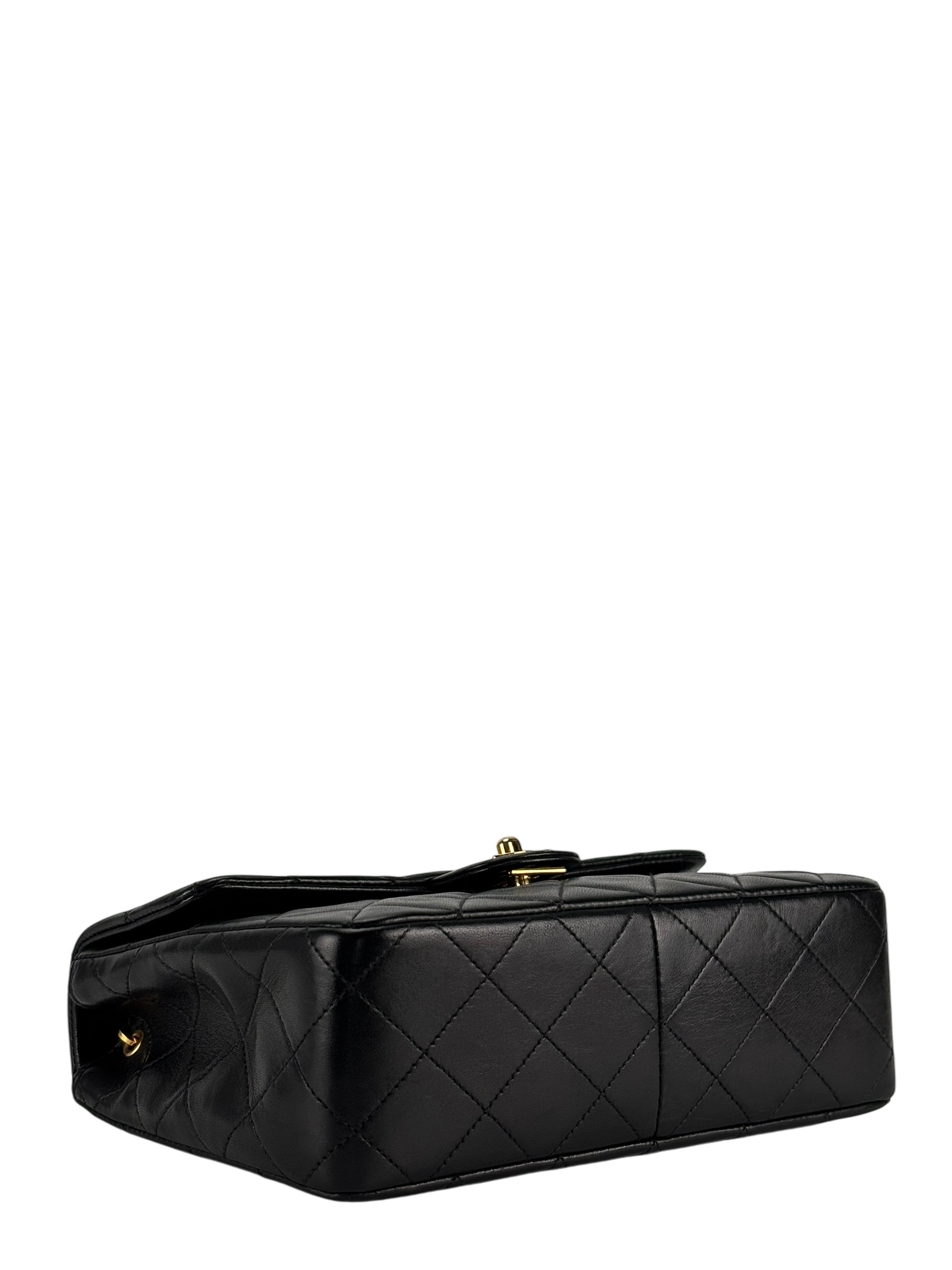 CHANEL - Black Lambskin Mini Classic Square Flap Shoulder Bag 20