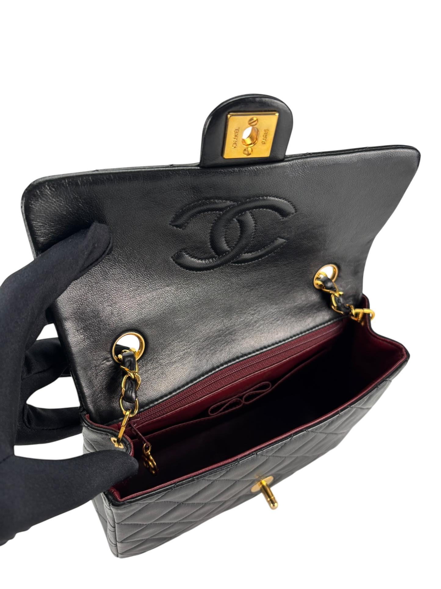 CHANEL - Black Lambskin Mini Classic Square Flap Shoulder Bag 20