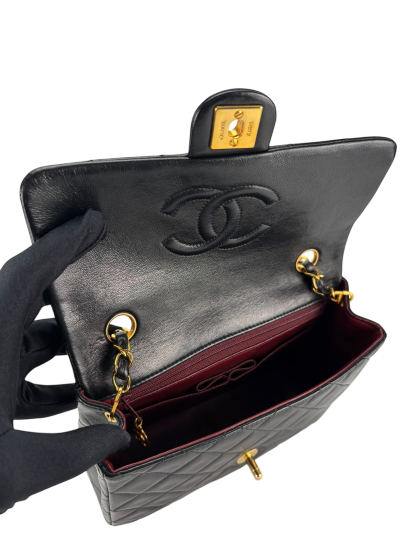 CHANEL - Black Lambskin Mini Classic Square Flap Shoulder Bag 20