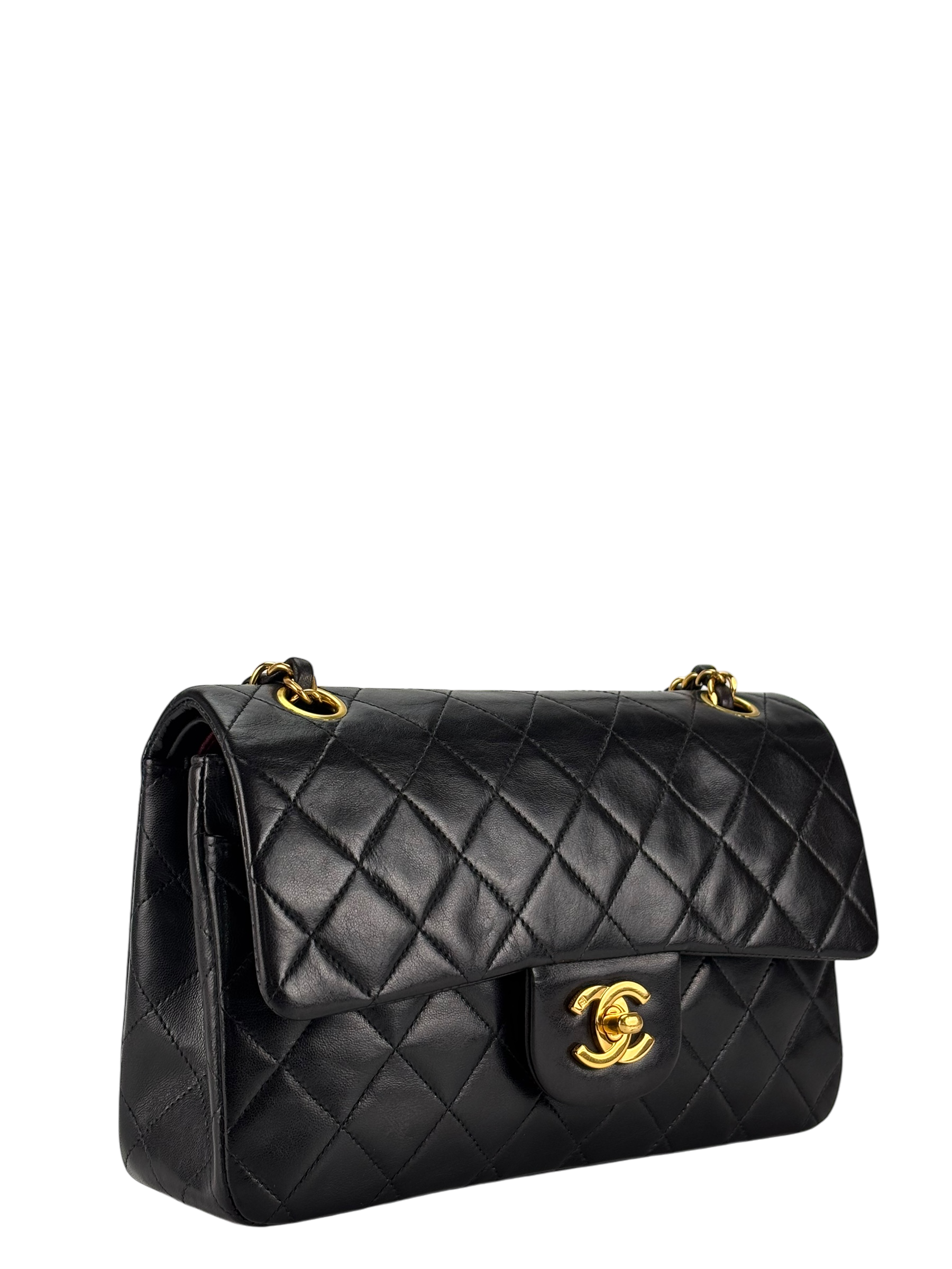 CHANEL - Small Classic Double Flap Bag Black Lambskin Gold Hardware (CF23)