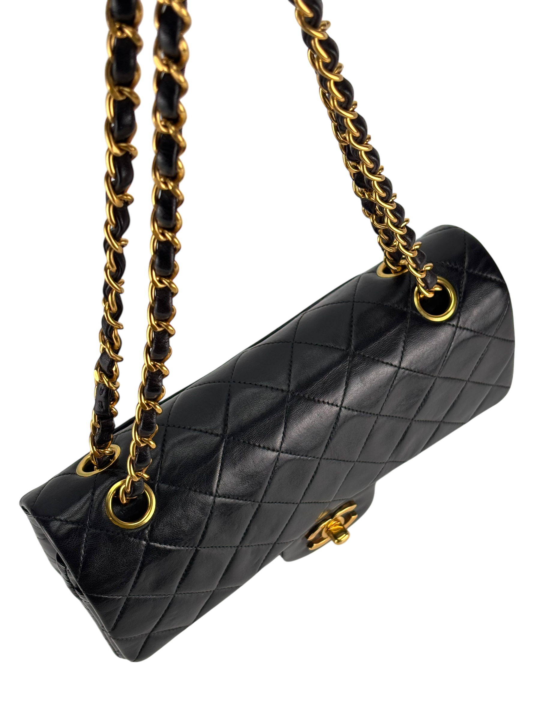 CHANEL - Small Classic Double Flap Bag Black Lambskin Gold Hardware (CF23)