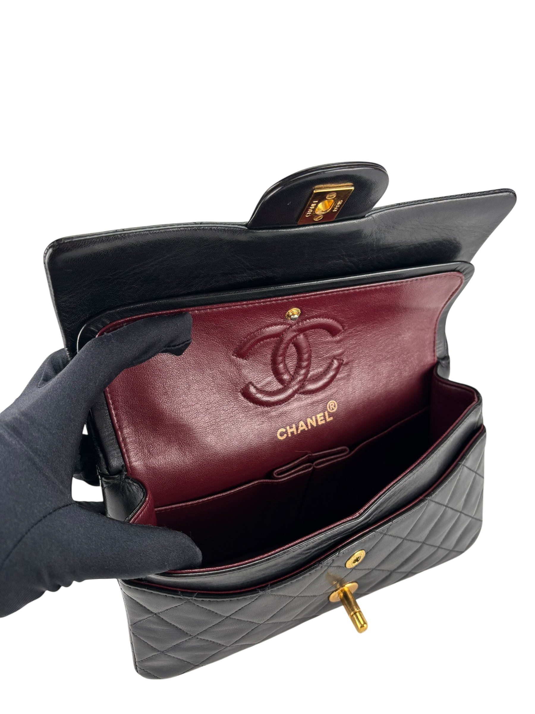 CHANEL - Small Classic Double Flap Bag Black Lambskin Gold Hardware (CF23)