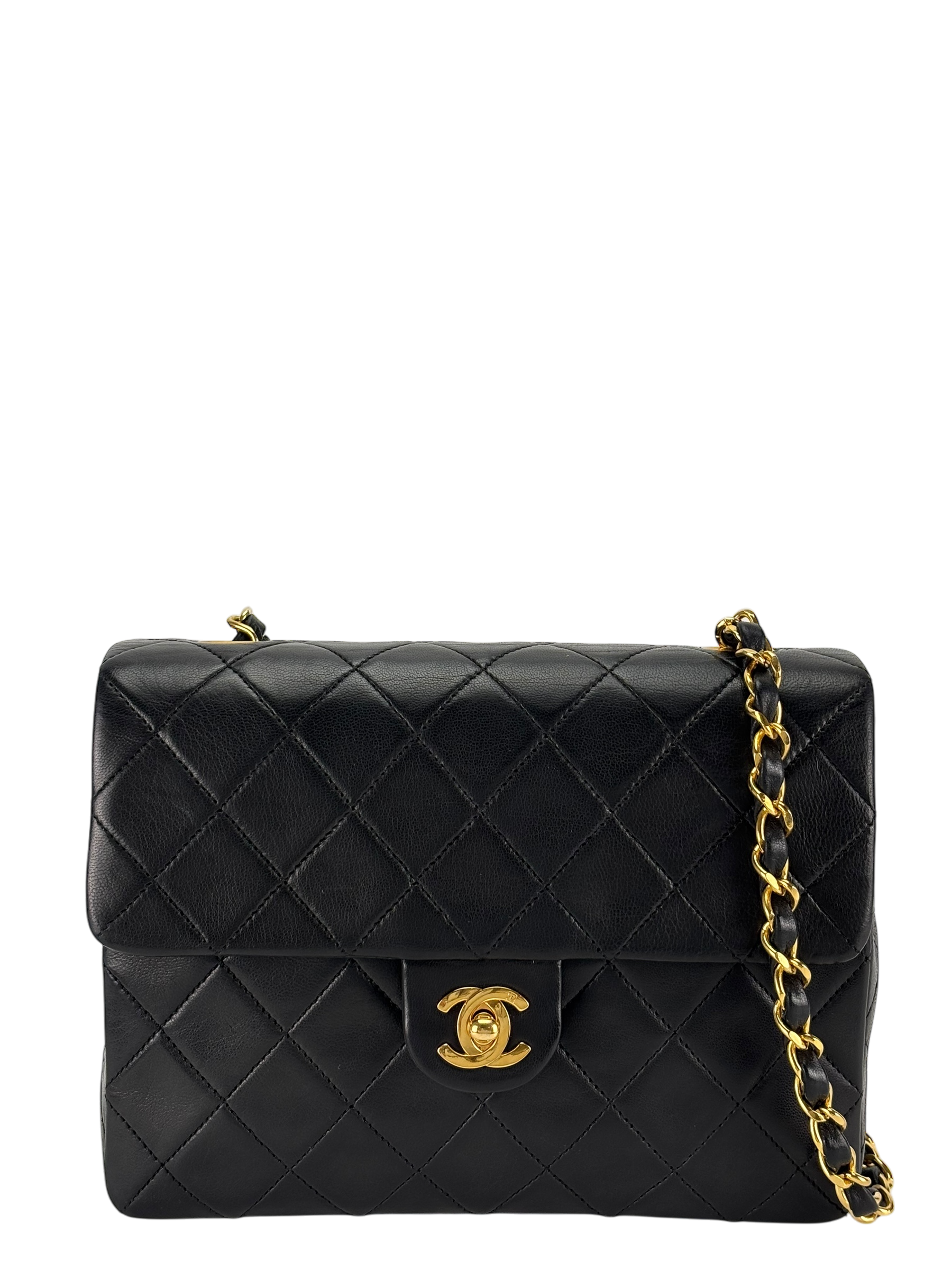 CHANEL - Black Lambskin Mini Classic Square Flap Shoulder Bag 20