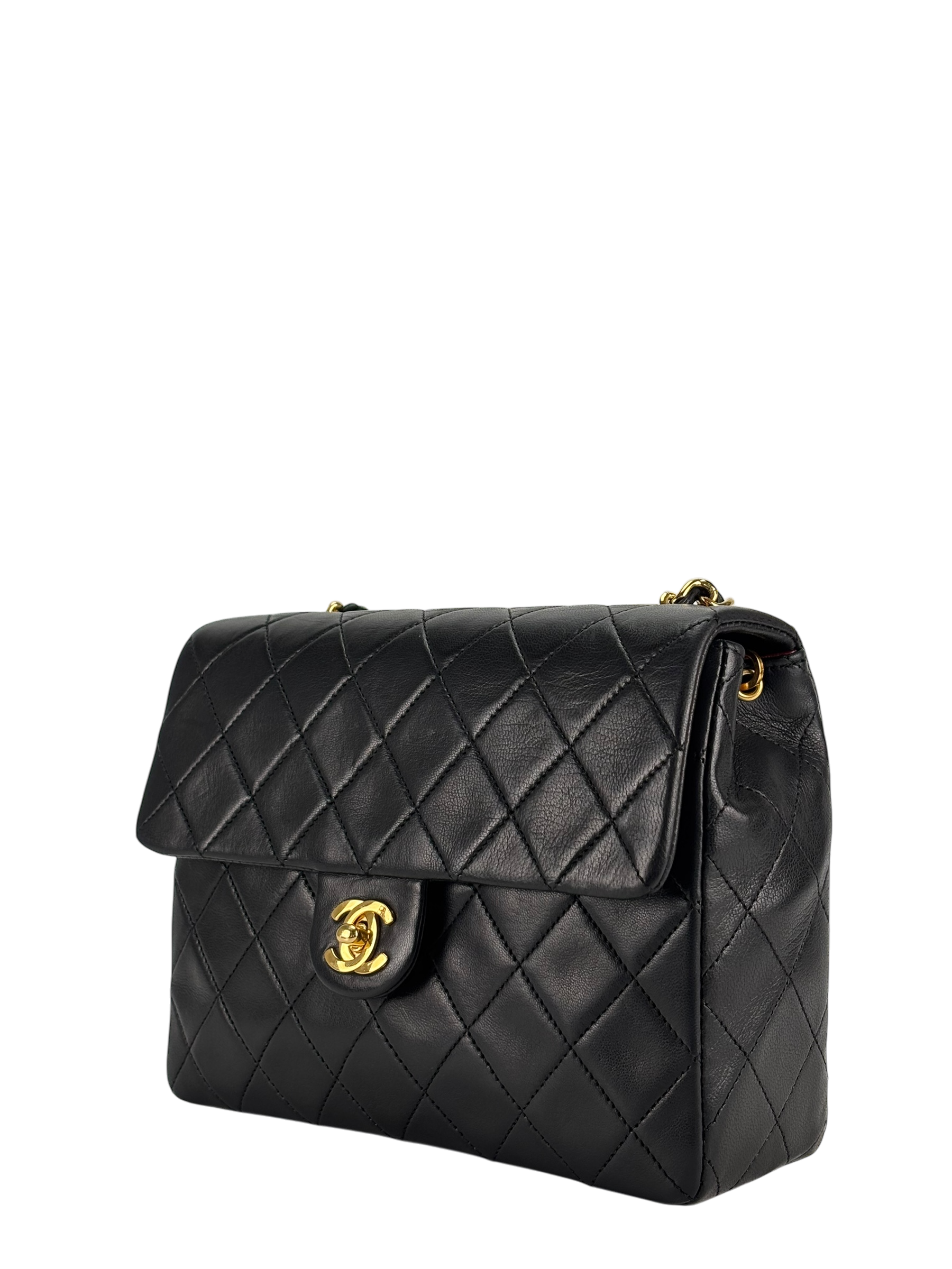 CHANEL - Black Lambskin Mini Classic Square Flap Shoulder Bag 20