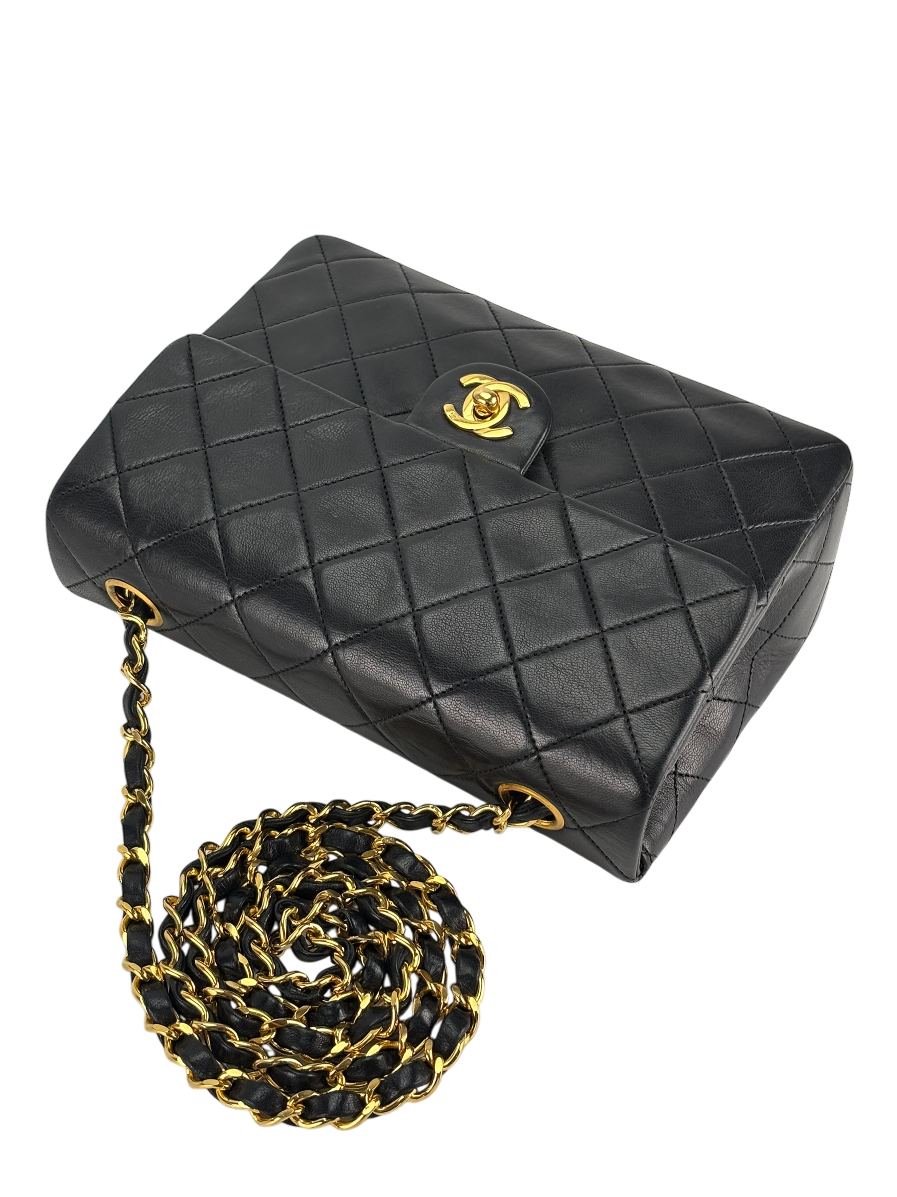 CHANEL - Black Lambskin Mini Classic Square Flap Shoulder Bag 20