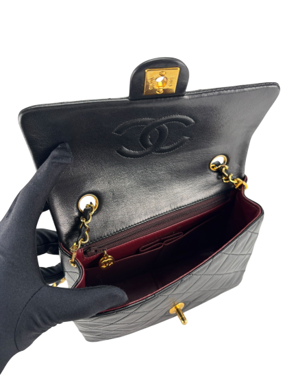 CHANEL - Black Lambskin Mini Classic Square Flap Shoulder Bag 20