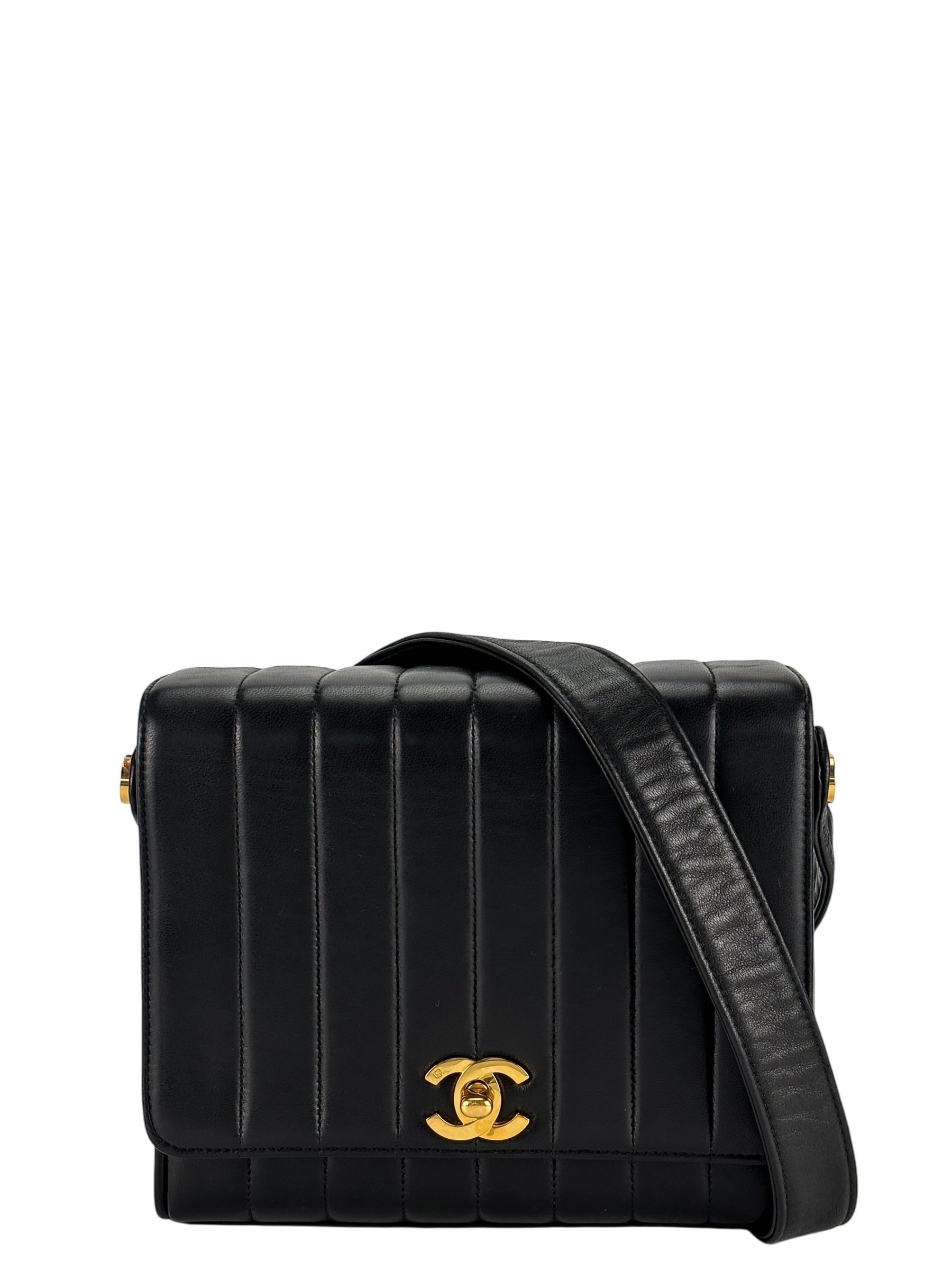 CHANEL - Black Lambskin Vertical Quilt Flap Shoulder Bag