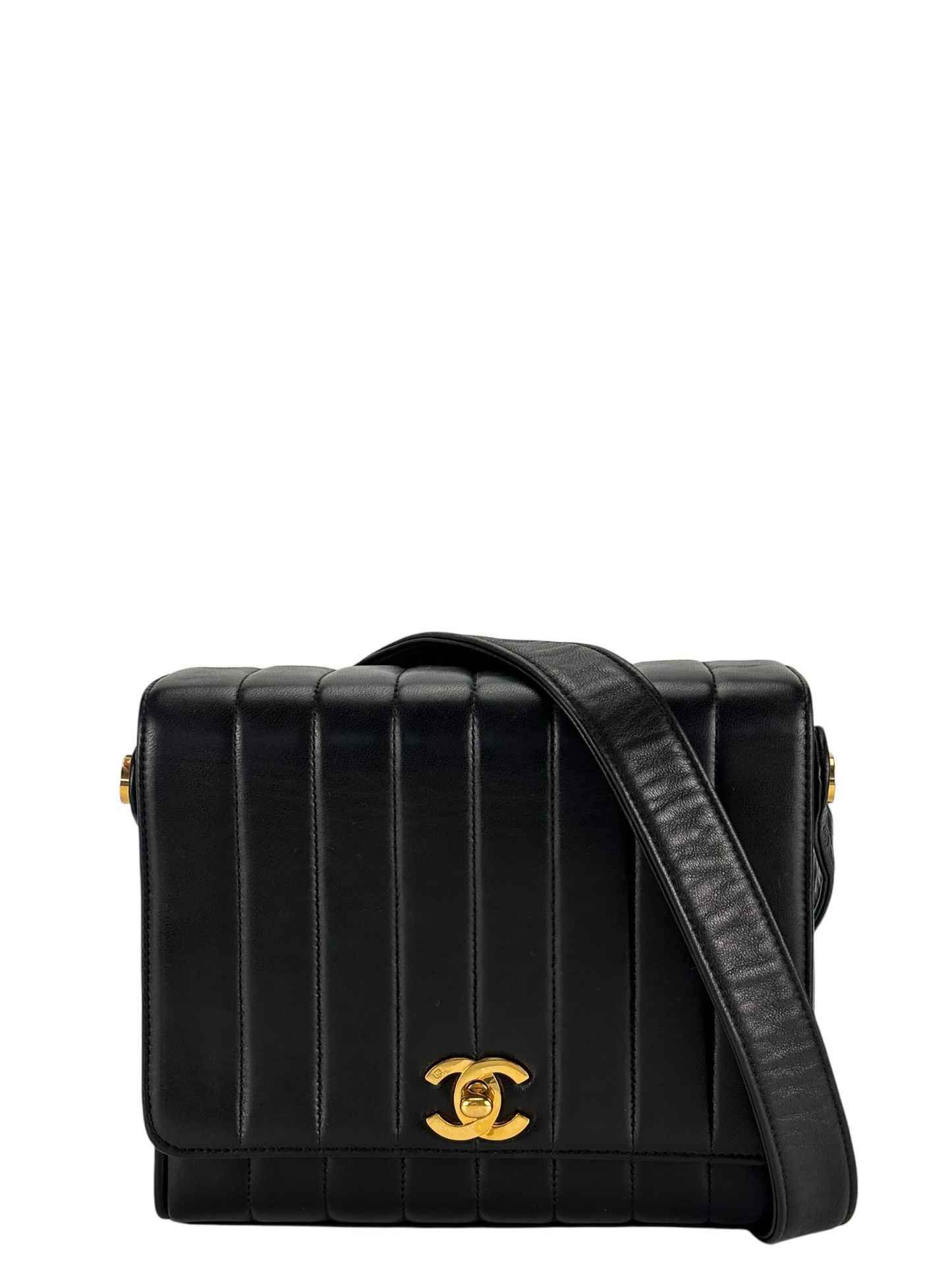 CHANEL - Black Lambskin Vertical Quilt Flap Shoulder Bag