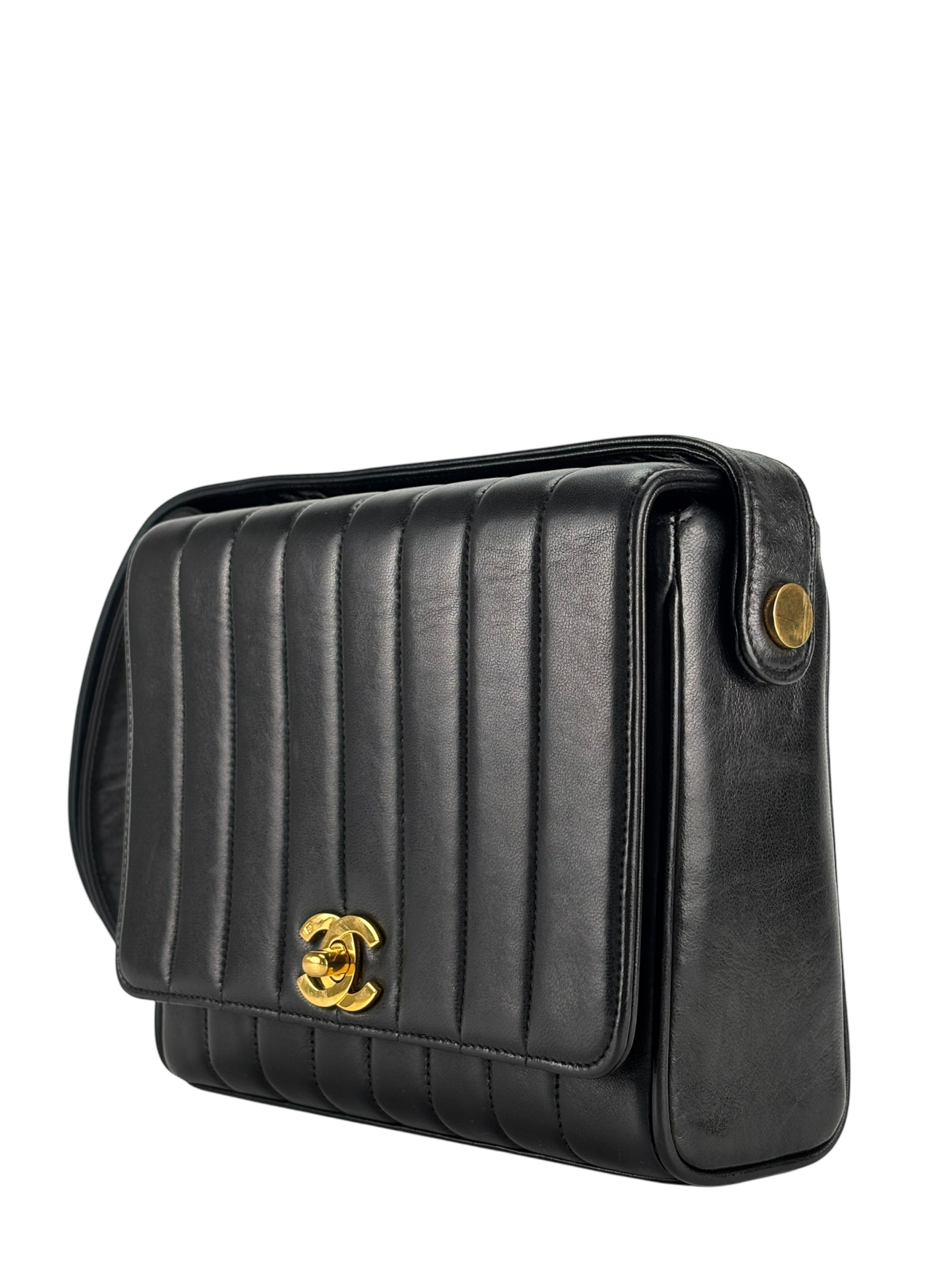 CHANEL - Black Lambskin Vertical Quilt Flap Shoulder Bag