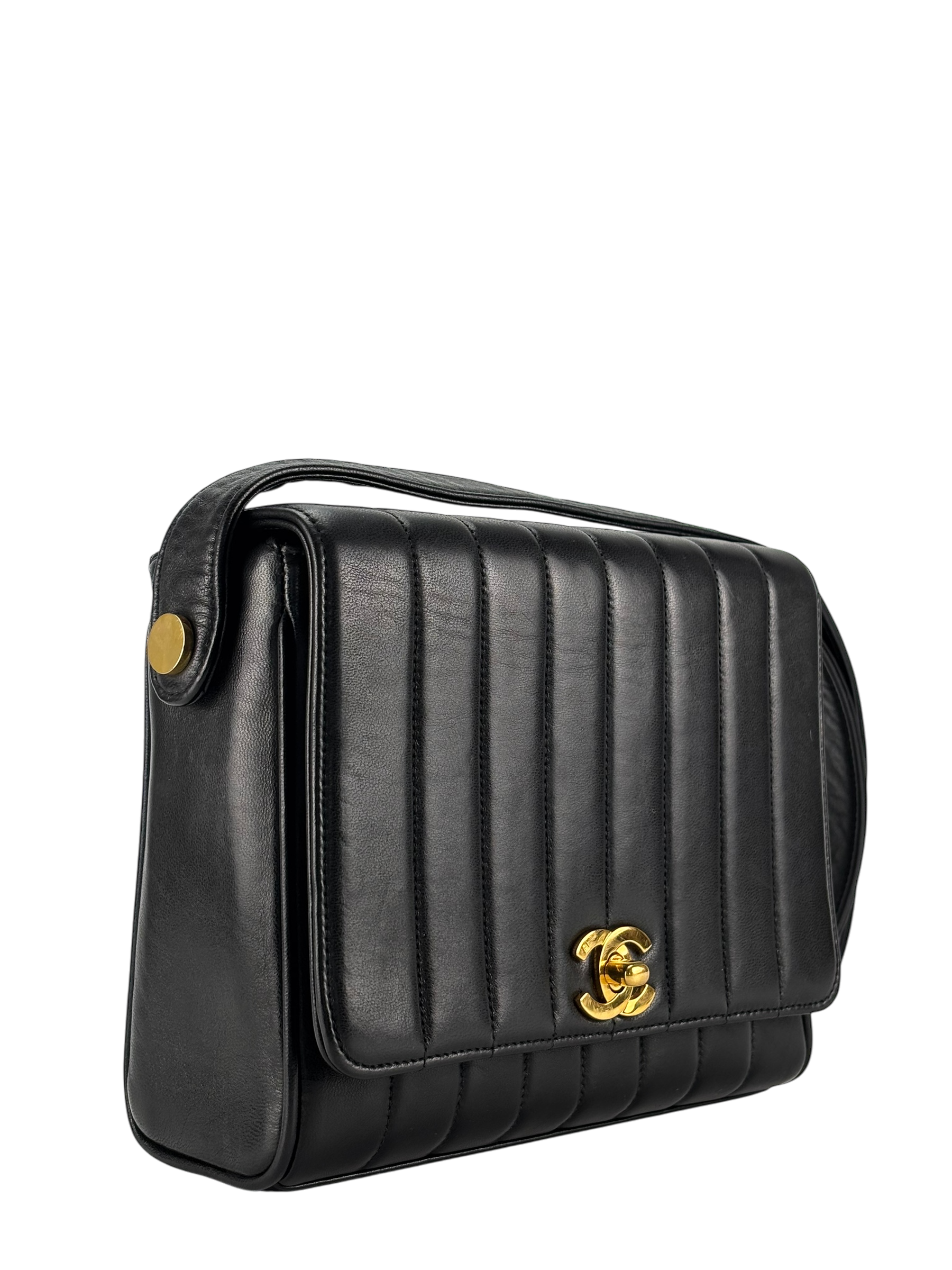 CHANEL - Black Lambskin Vertical Quilt Flap Shoulder Bag