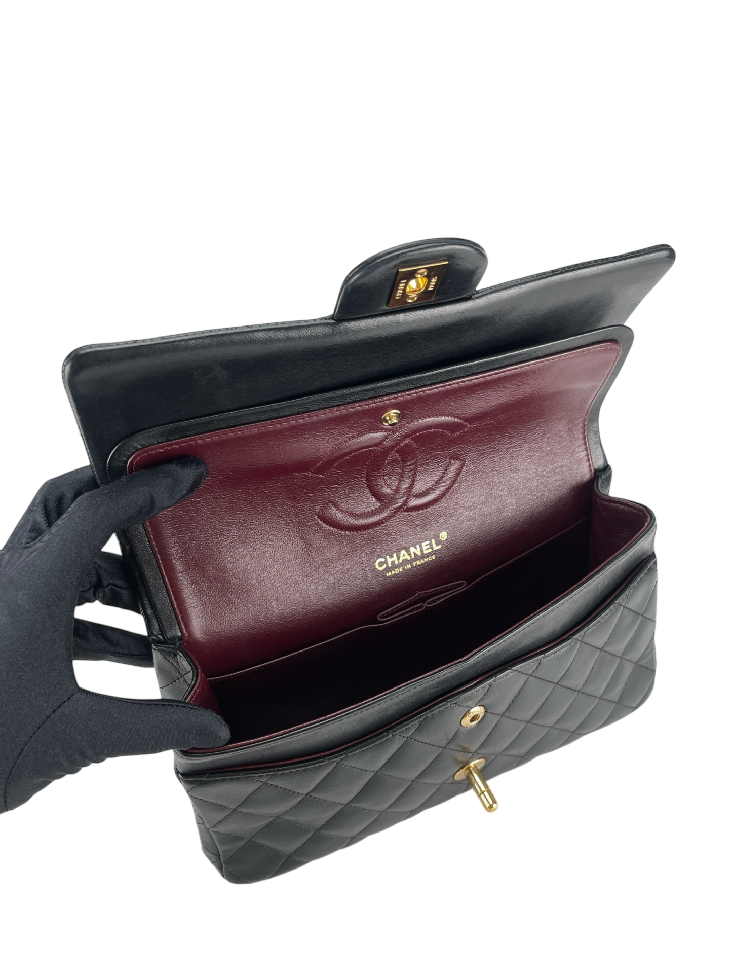 CHANEL - Medium Classic Double Flap Bag Black Lambskin Gold Hardware (CF25)