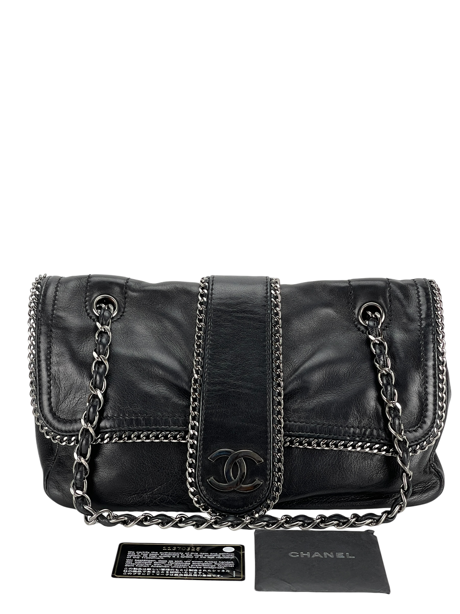 CHANEL - Black Lambskin Medium Single Flap Bag Silver Hardware