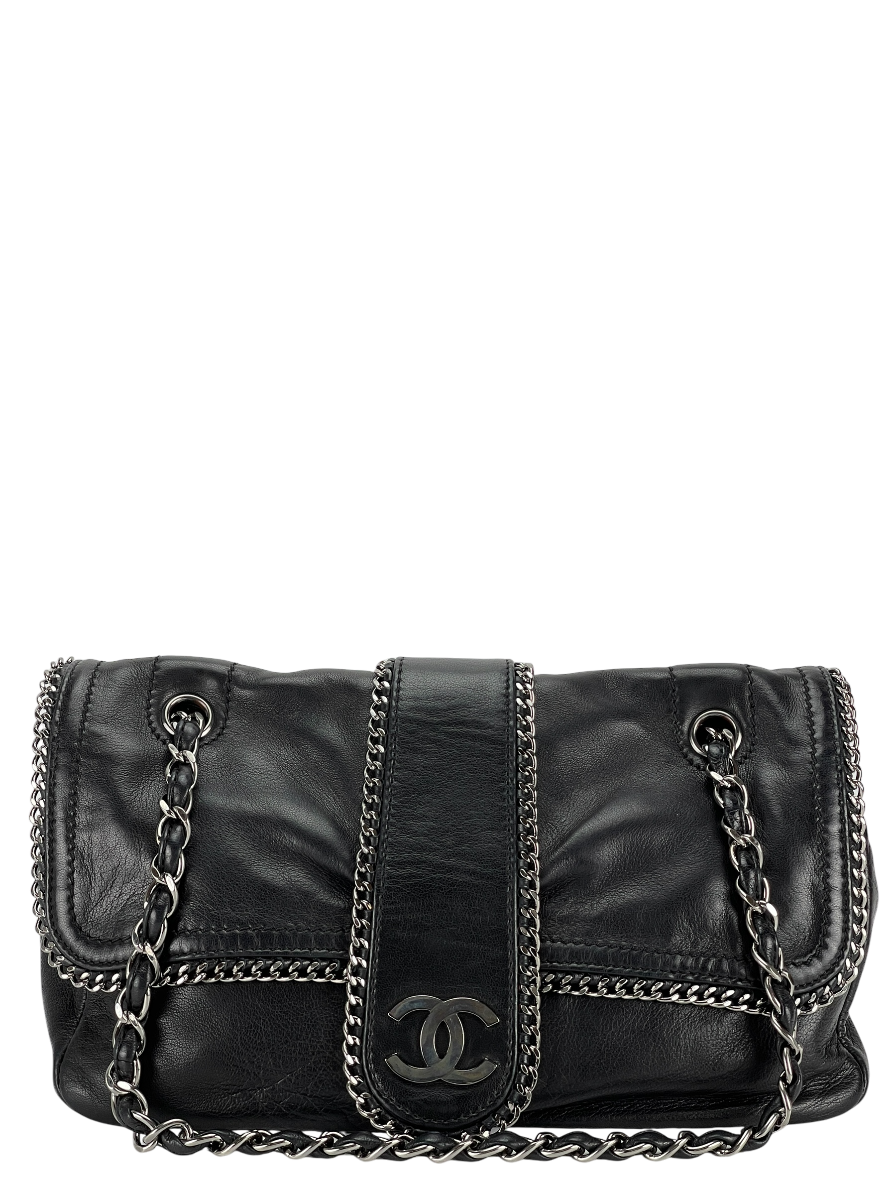 CHANEL - Black Lambskin Medium Single Flap Bag Silver Hardware