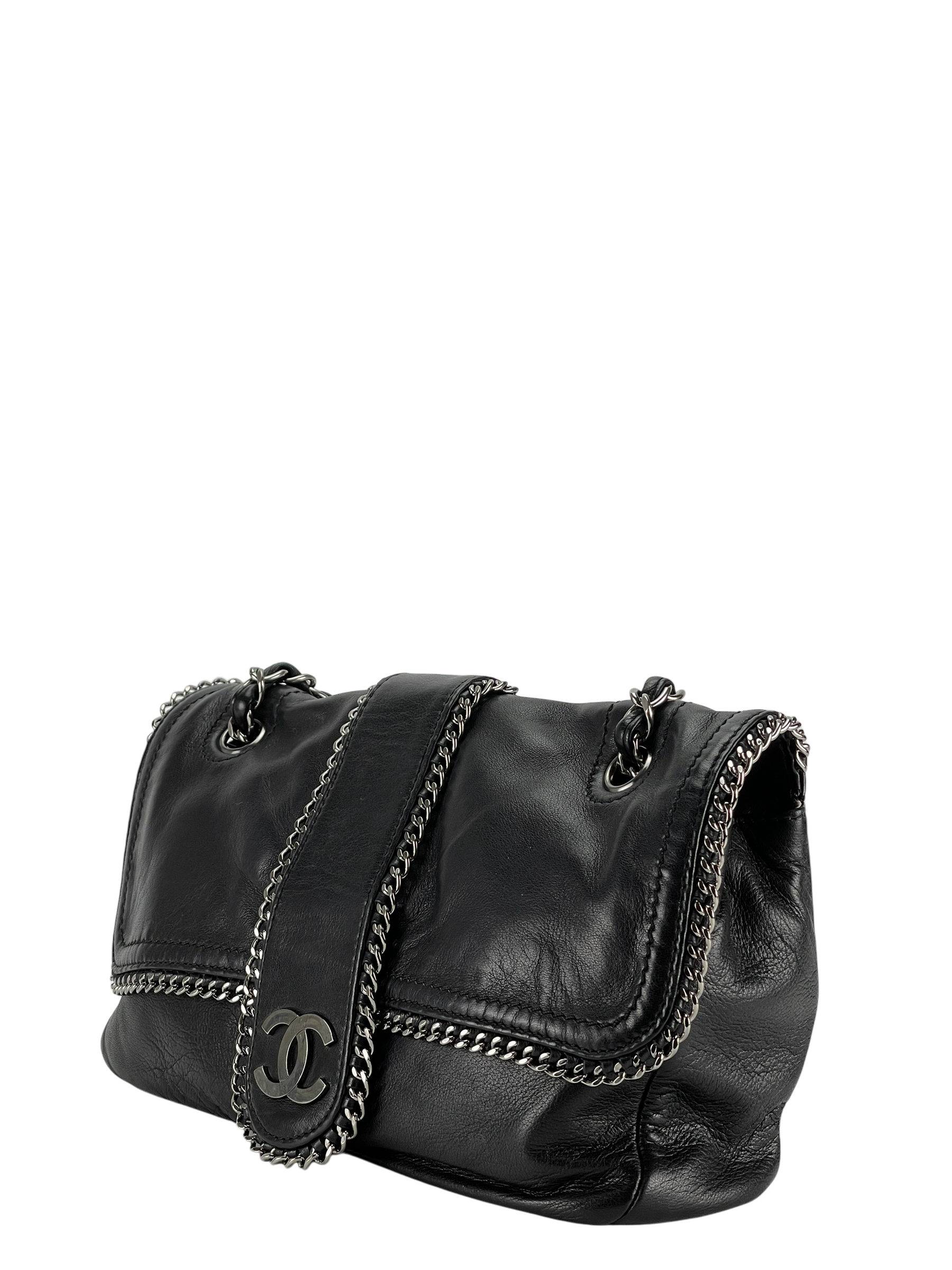 CHANEL - Black Lambskin Medium Single Flap Bag Silver Hardware