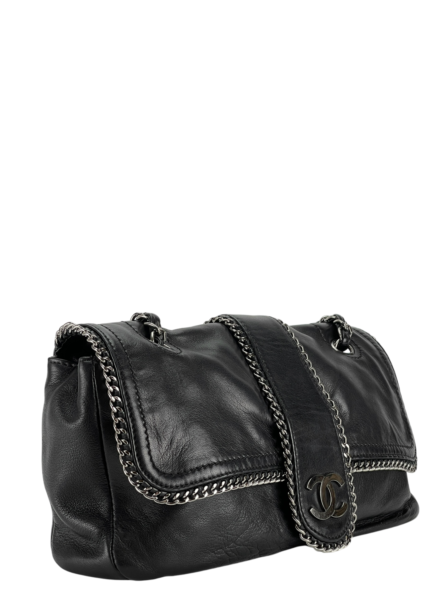 CHANEL - Black Lambskin Medium Single Flap Bag Silver Hardware