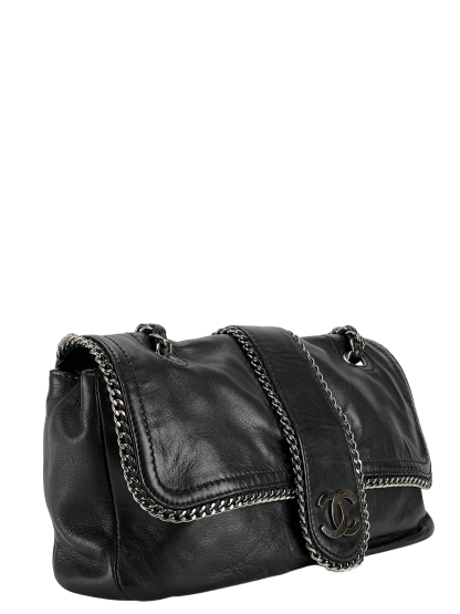 CHANEL - Black Lambskin Medium Single Flap Bag Silver Hardware