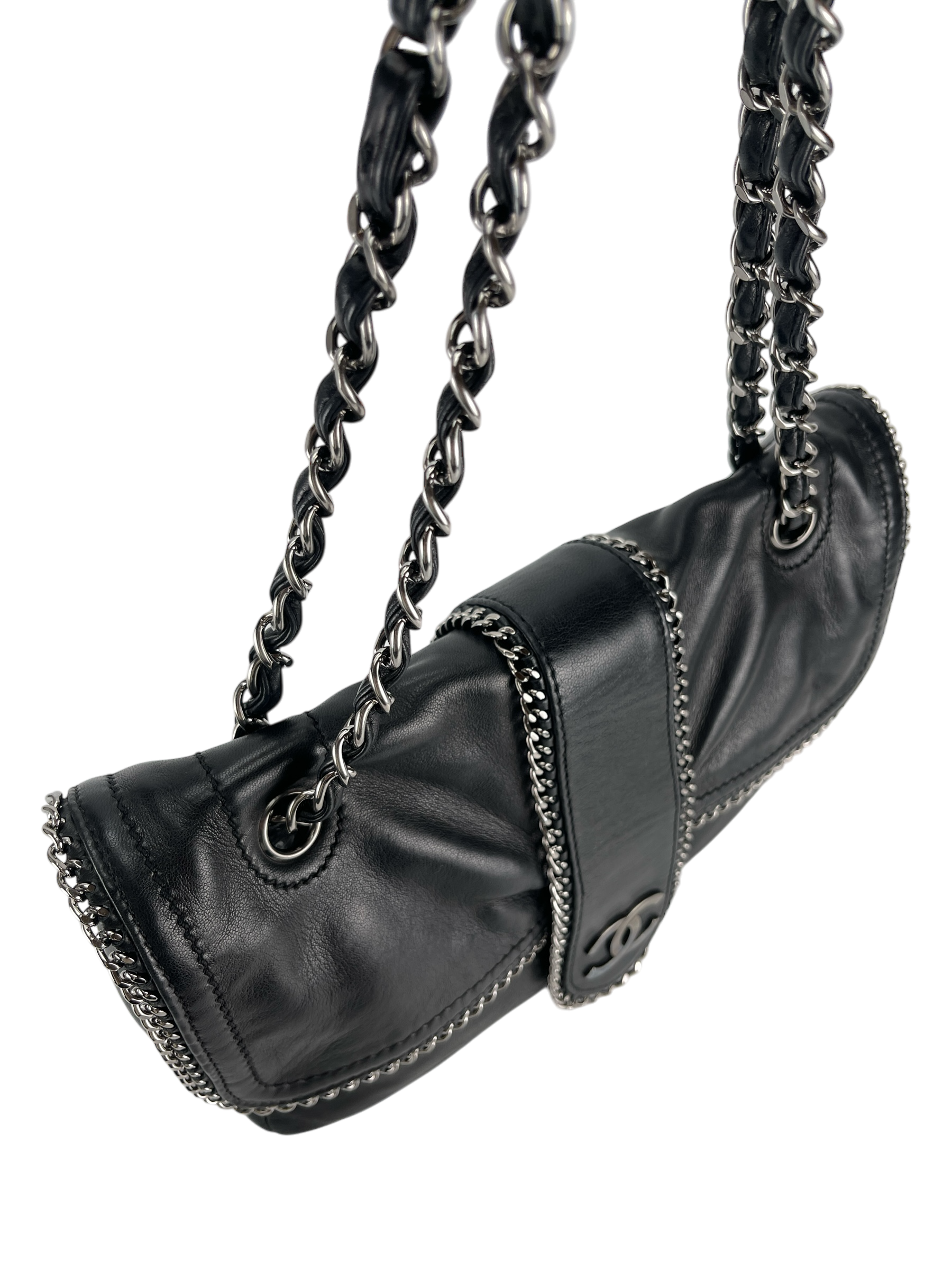 CHANEL - Black Lambskin Medium Single Flap Bag Silver Hardware