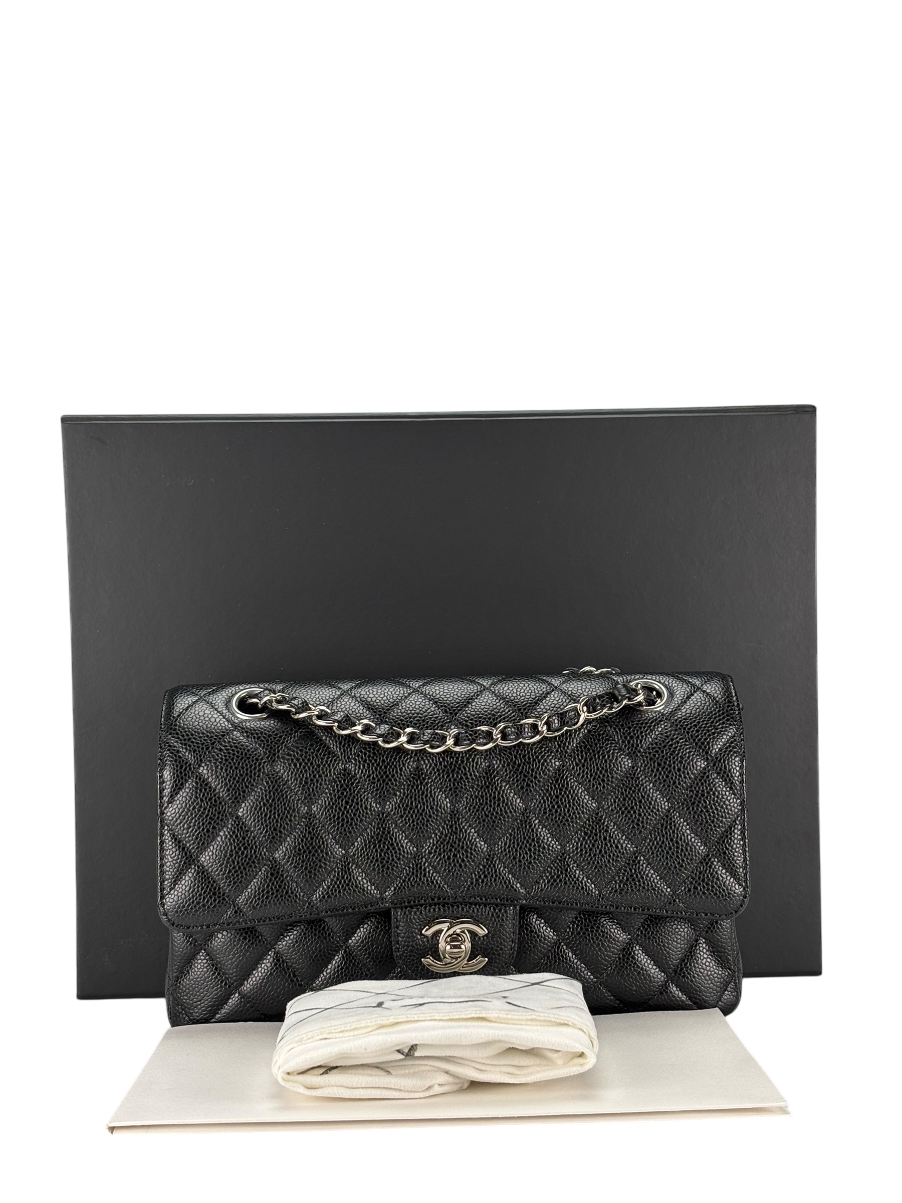 CHANEL - Medium Classic Double Flap Bag Black Caviar Sliver Hardware (CF25)