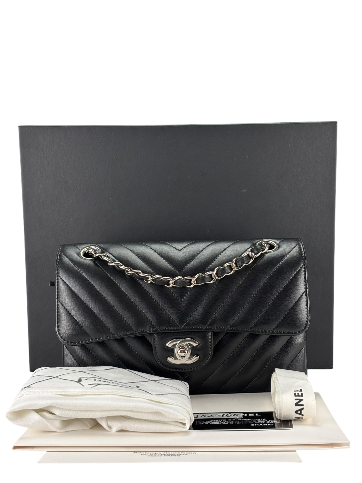 CHANEL - Small Chevron Classic Double Flap Bag Calfskin Sliver Hardware (CF23)