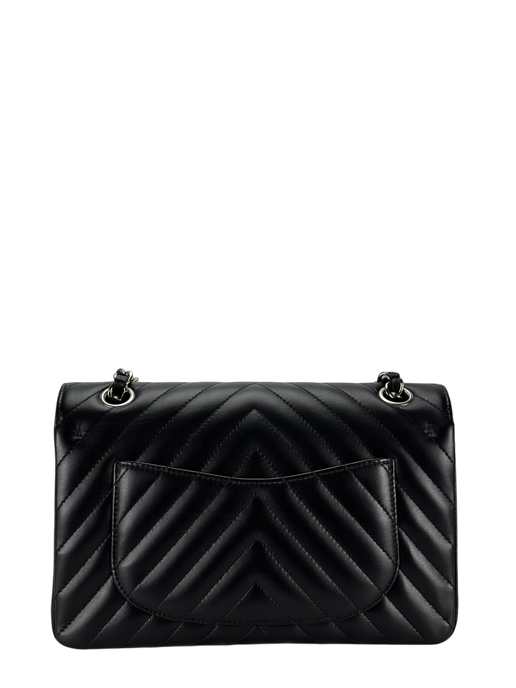 CHANEL - Small Chevron Classic Double Flap Bag Calfskin Sliver Hardware (CF23)