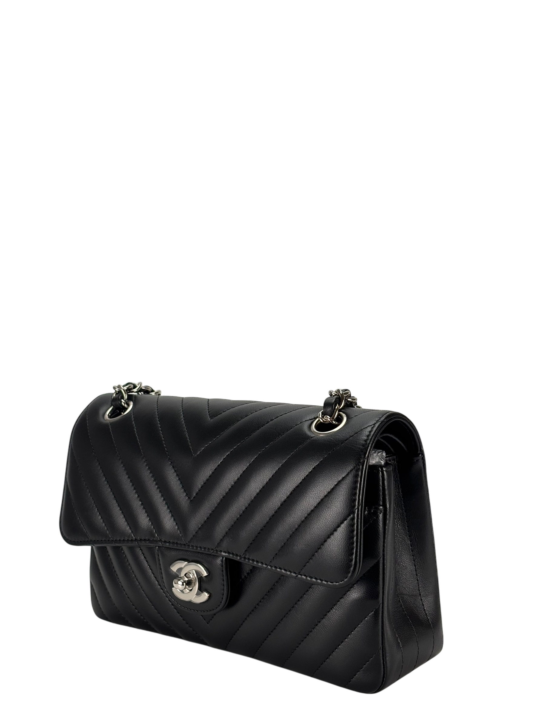 CHANEL - Small Chevron Classic Double Flap Bag Calfskin Sliver Hardware (CF23)