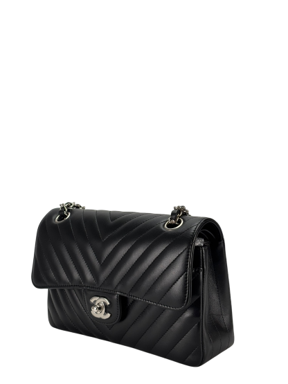 CHANEL - Small Chevron Classic Double Flap Bag Calfskin Sliver Hardware (CF23)