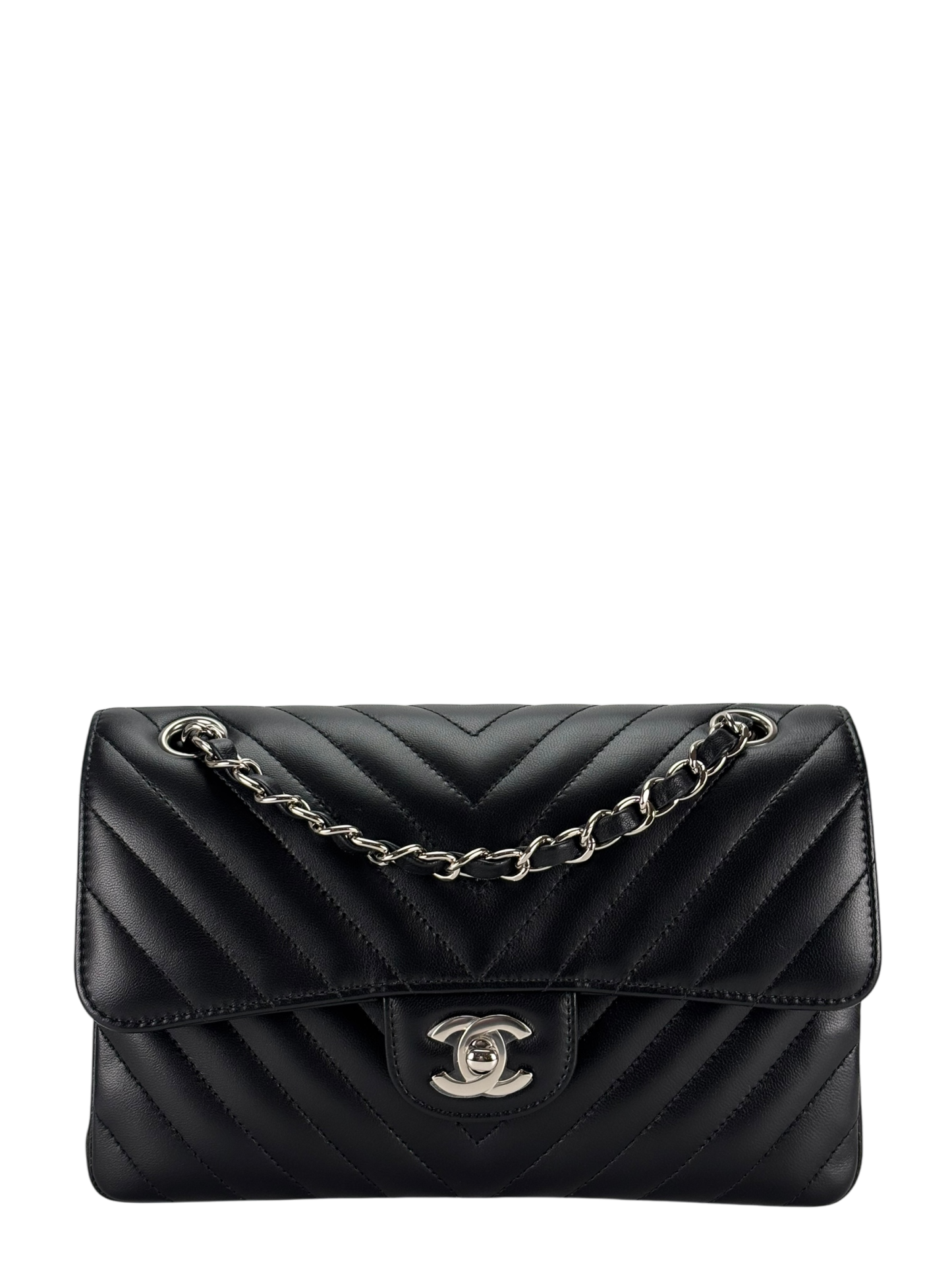 CHANEL - Small Chevron Classic Double Flap Bag Calfskin Sliver Hardware (CF23)