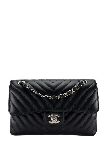 CHANEL - Small Chevron Classic Double Flap Bag Calfskin Sliver Hardware (CF23)