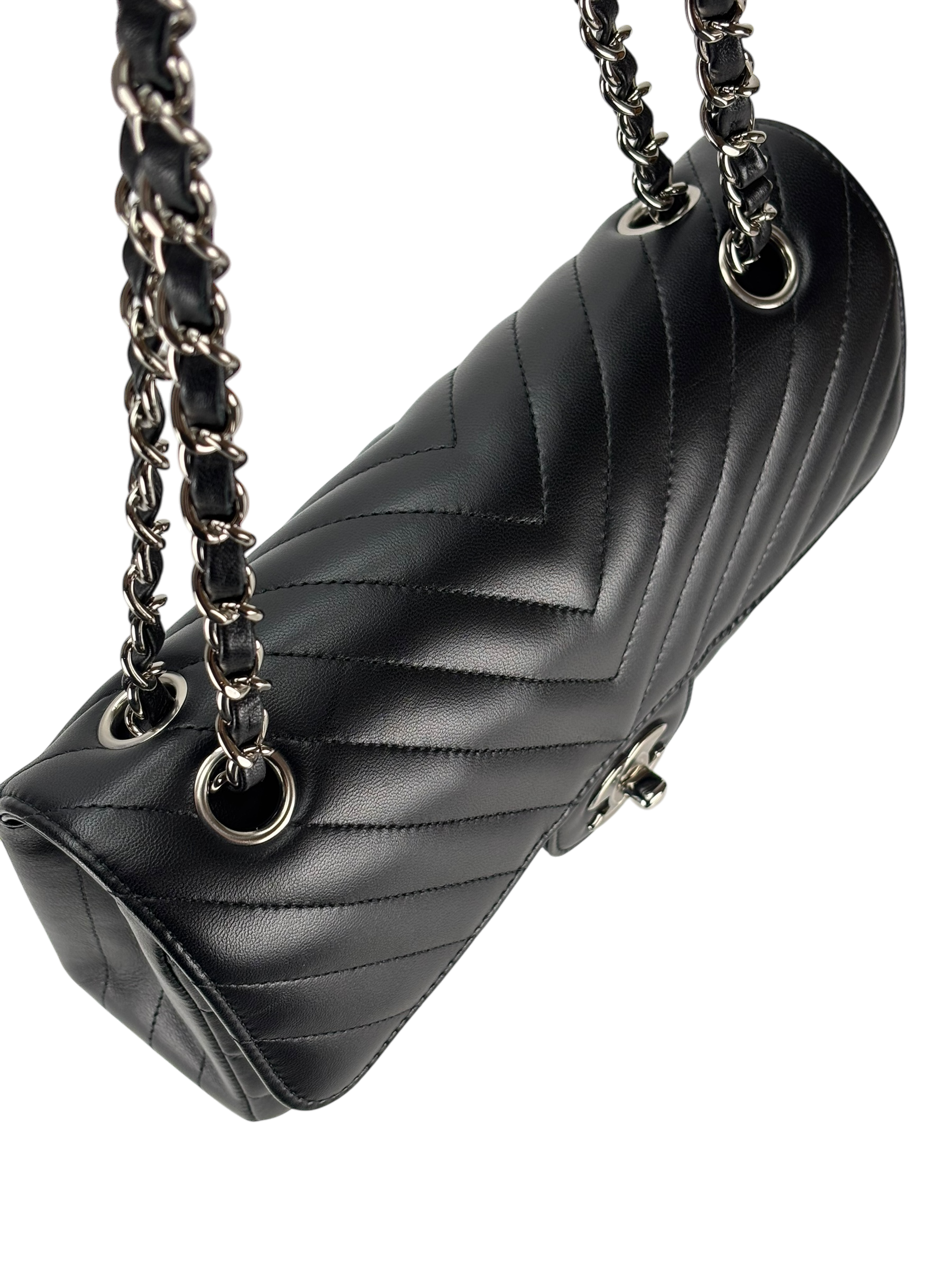CHANEL - Small Chevron Classic Double Flap Bag Calfskin Sliver Hardware (CF23)