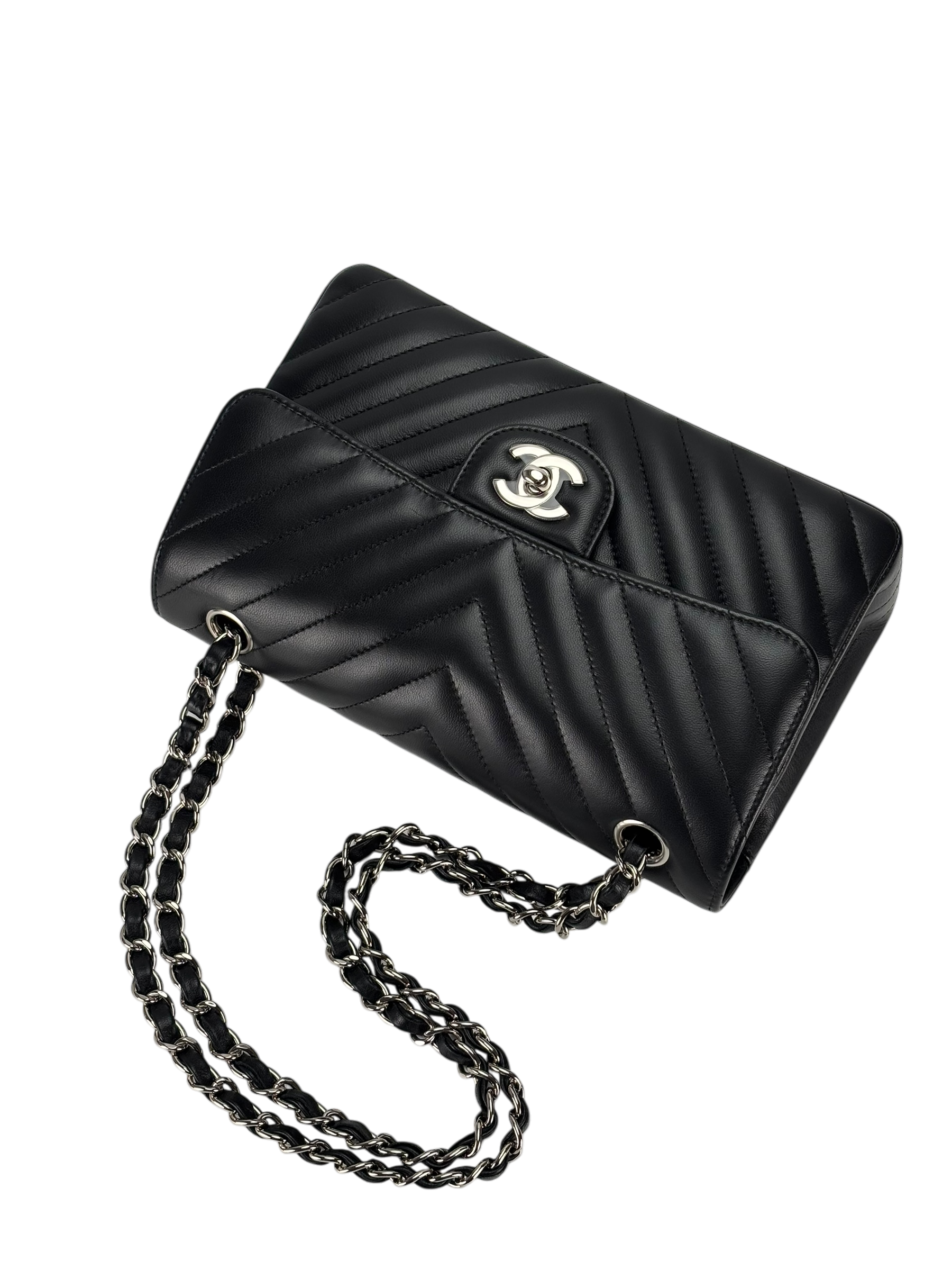 CHANEL - Small Chevron Classic Double Flap Bag Calfskin Sliver Hardware (CF23)
