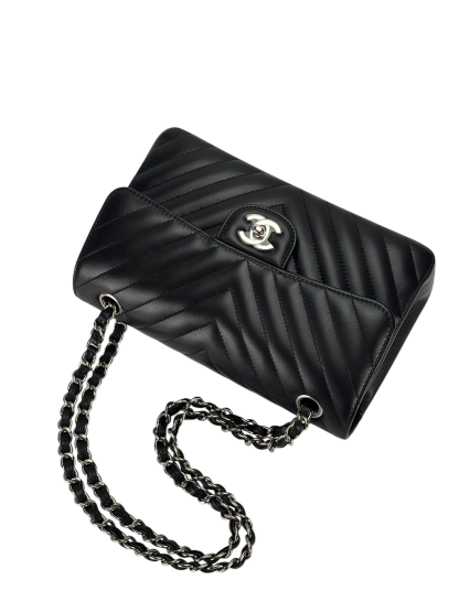 CHANEL - Small Chevron Classic Double Flap Bag Calfskin Sliver Hardware (CF23)
