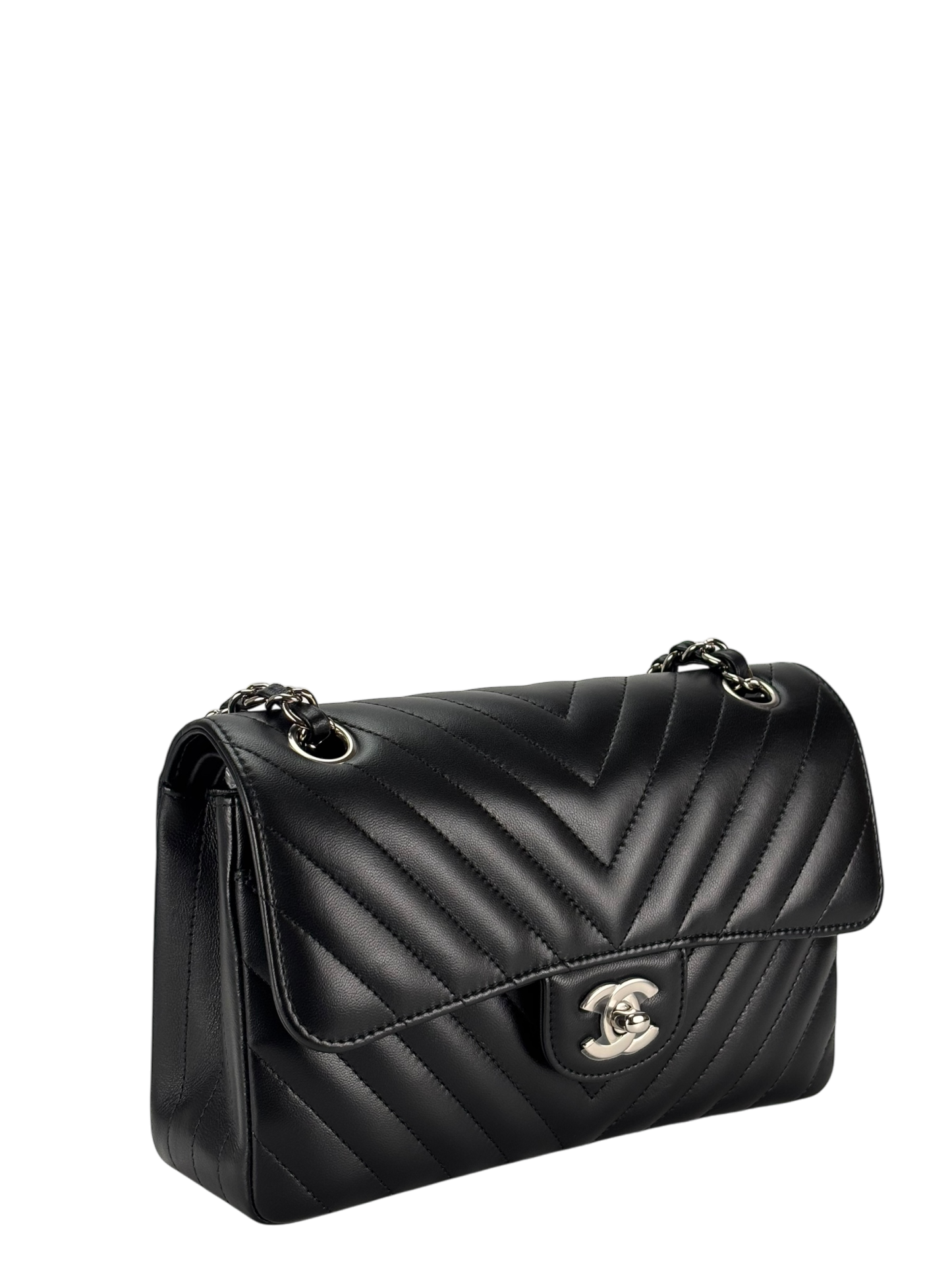 CHANEL - Small Chevron Classic Double Flap Bag Calfskin Sliver Hardware (CF23)