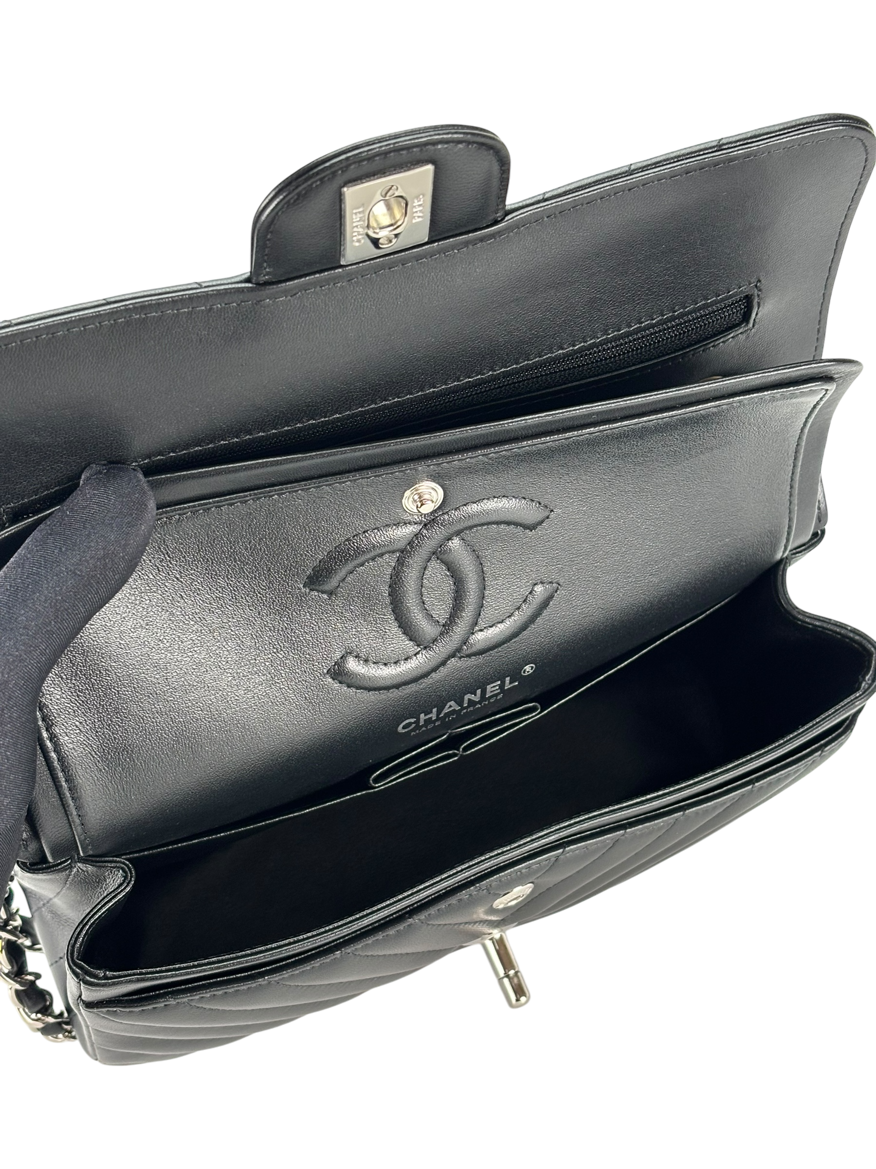CHANEL - Small Chevron Classic Double Flap Bag Calfskin Sliver Hardware (CF23)