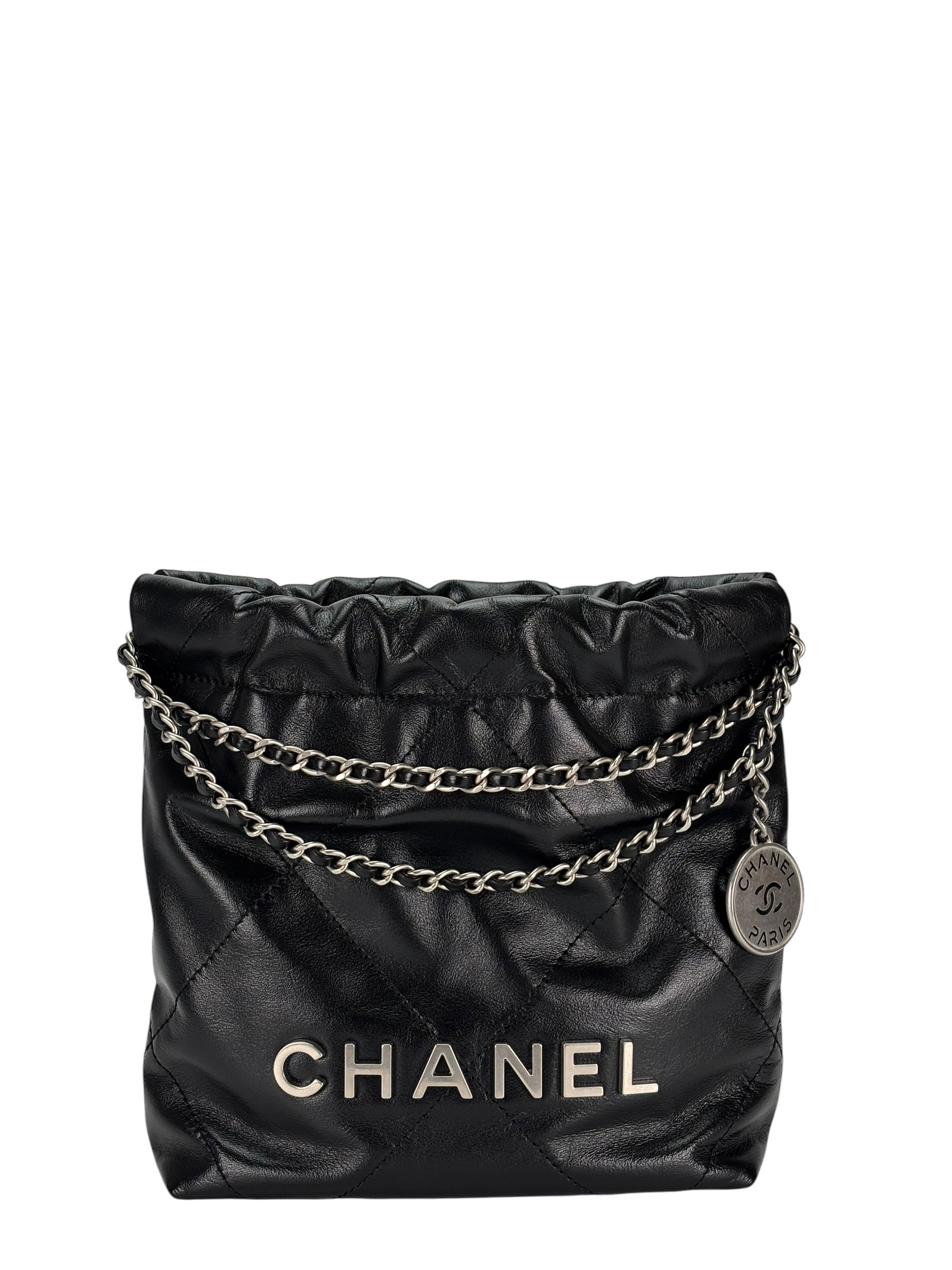 CHANEL - 25C Mini 22 Bag Black Calfskin Sliver Hardware