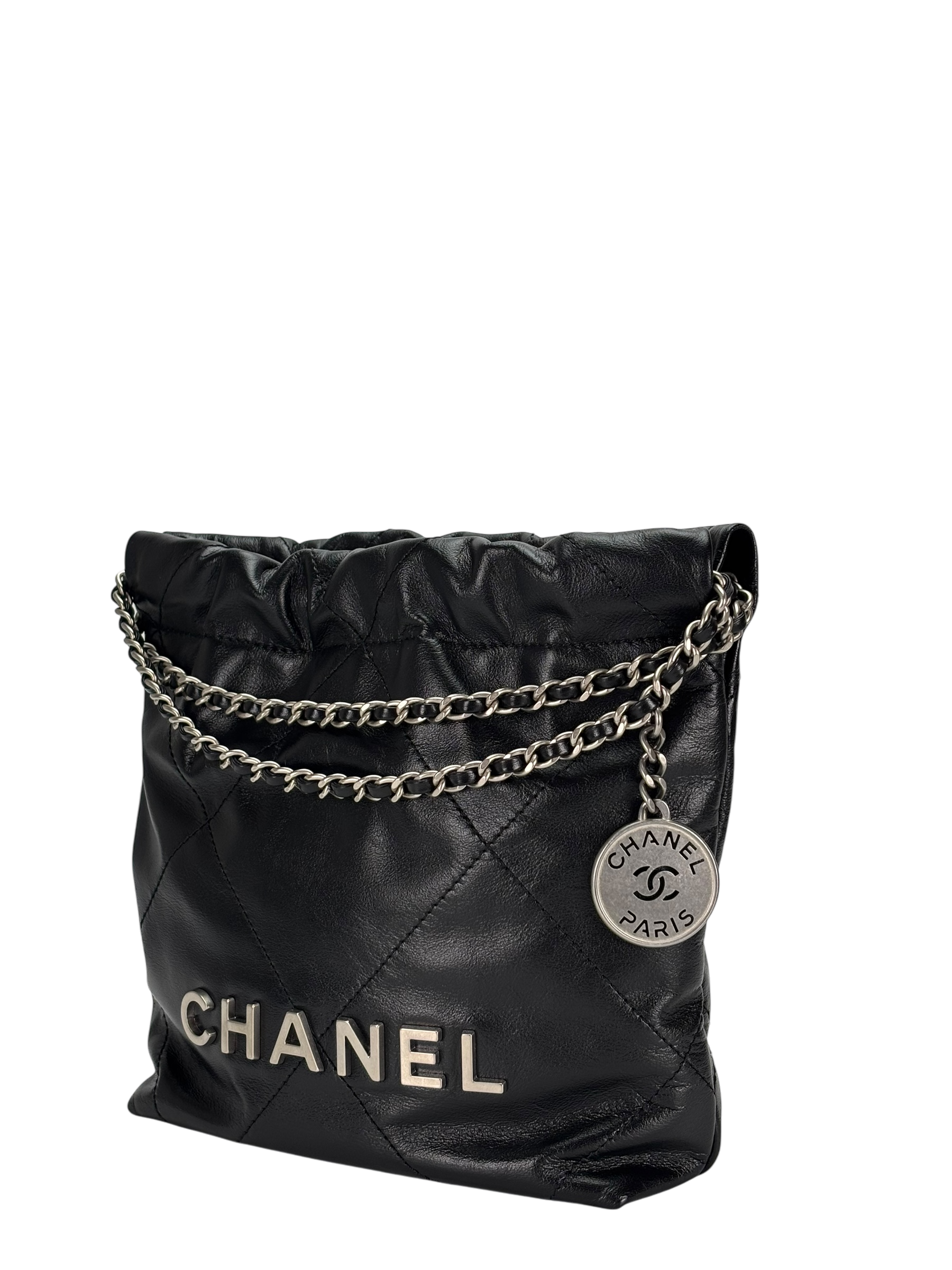 CHANEL - 25C Mini 22 Bag Black Calfskin Sliver Hardware