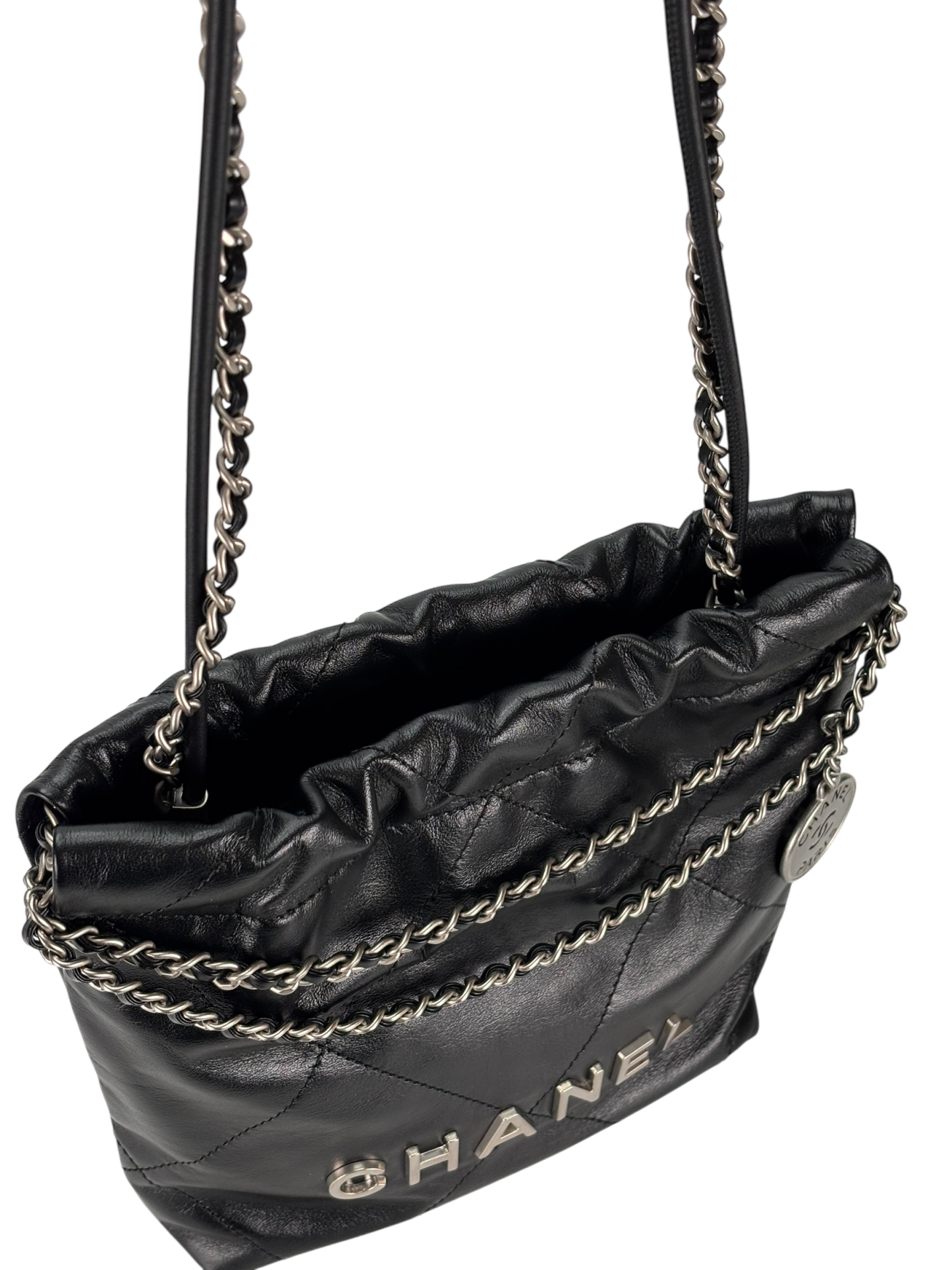 CHANEL - 25C Mini 22 Bag Black Calfskin Sliver Hardware