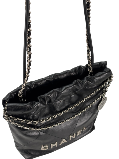 CHANEL - 25C Mini 22 Bag Black Calfskin Sliver Hardware