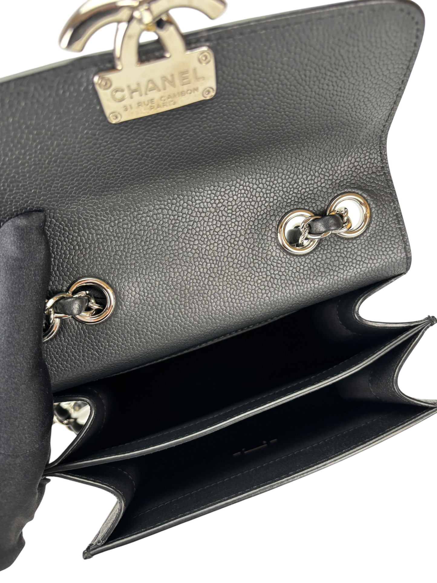 CHANEL - Black Sliver Caviar Quilted CC Box Flap Bag