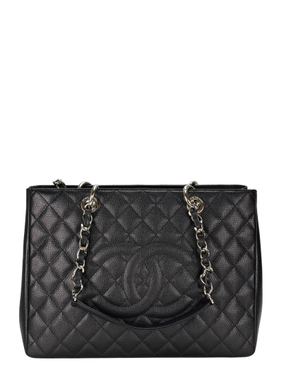 CHANEL - Black Caviar Quilted Grand Shopping Tote GST Sliver Hardware
