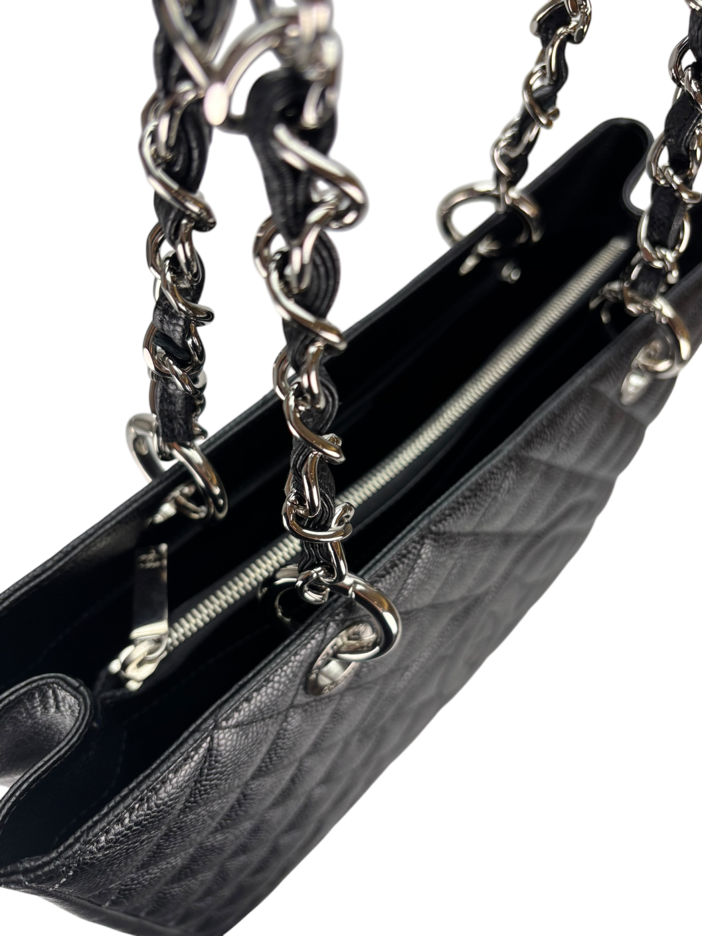 CHANEL - Black Caviar Quilted Grand Shopping Tote GST Sliver Hardware
