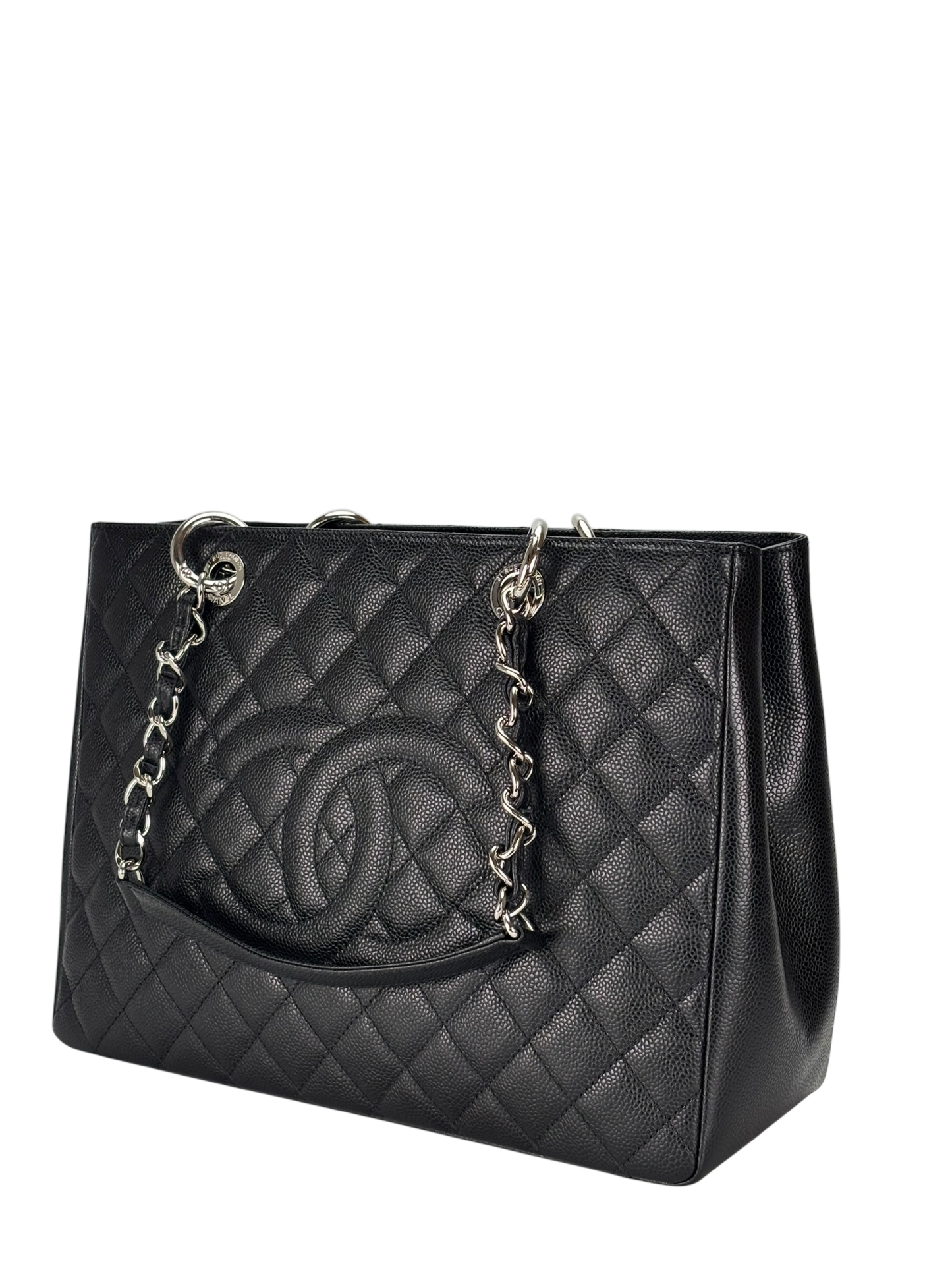 CHANEL - Black Caviar Quilted Grand Shopping Tote GST Sliver Hardware