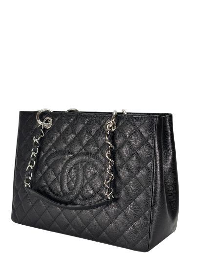 CHANEL - Black Caviar Quilted Grand Shopping Tote GST Sliver Hardware