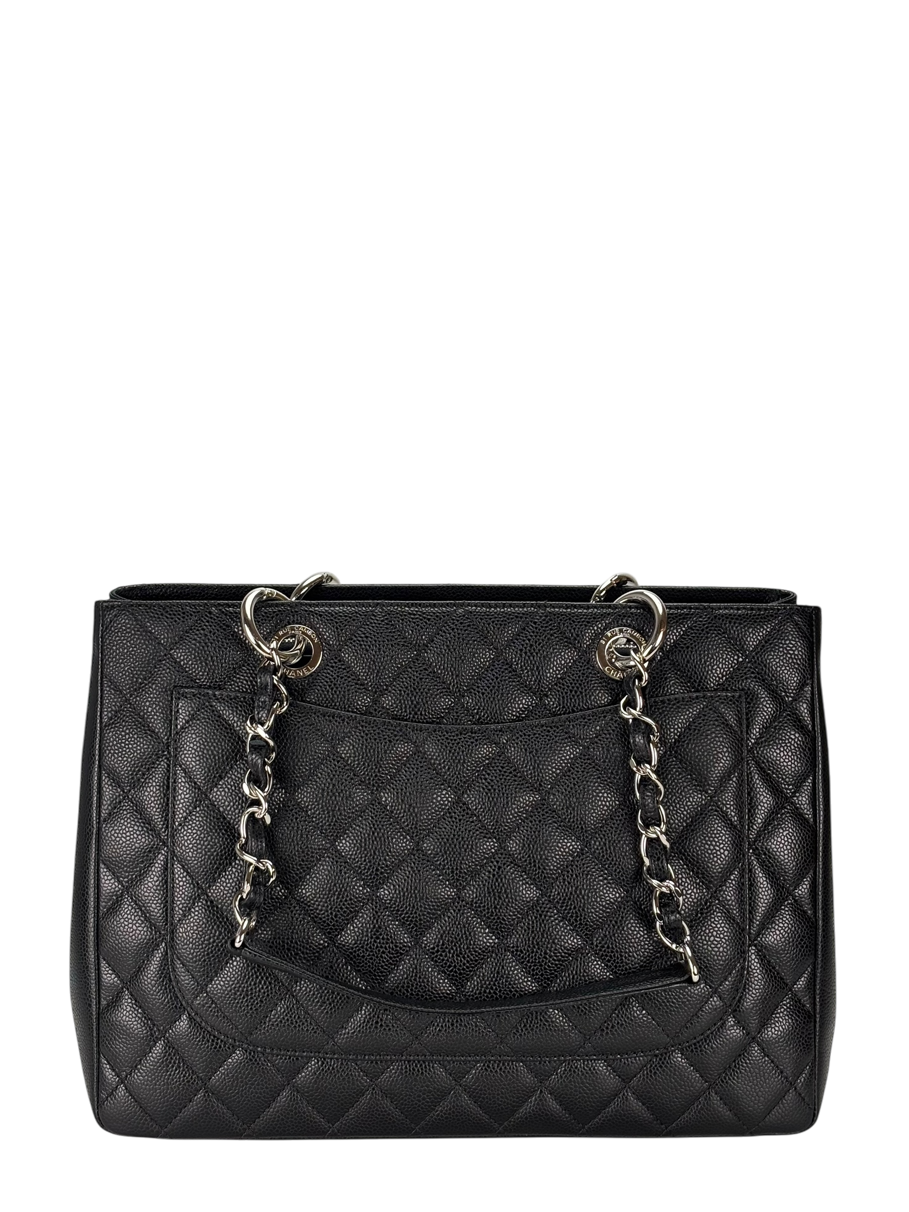 CHANEL - Black Caviar Quilted Grand Shopping Tote GST Sliver Hardware