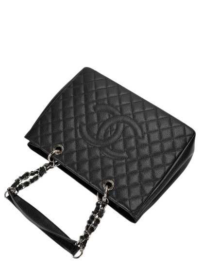 CHANEL - Black Caviar Quilted Grand Shopping Tote GST Sliver Hardware
