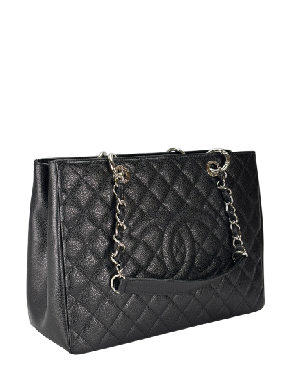CHANEL - Black Caviar Quilted Grand Shopping Tote GST Sliver Hardware