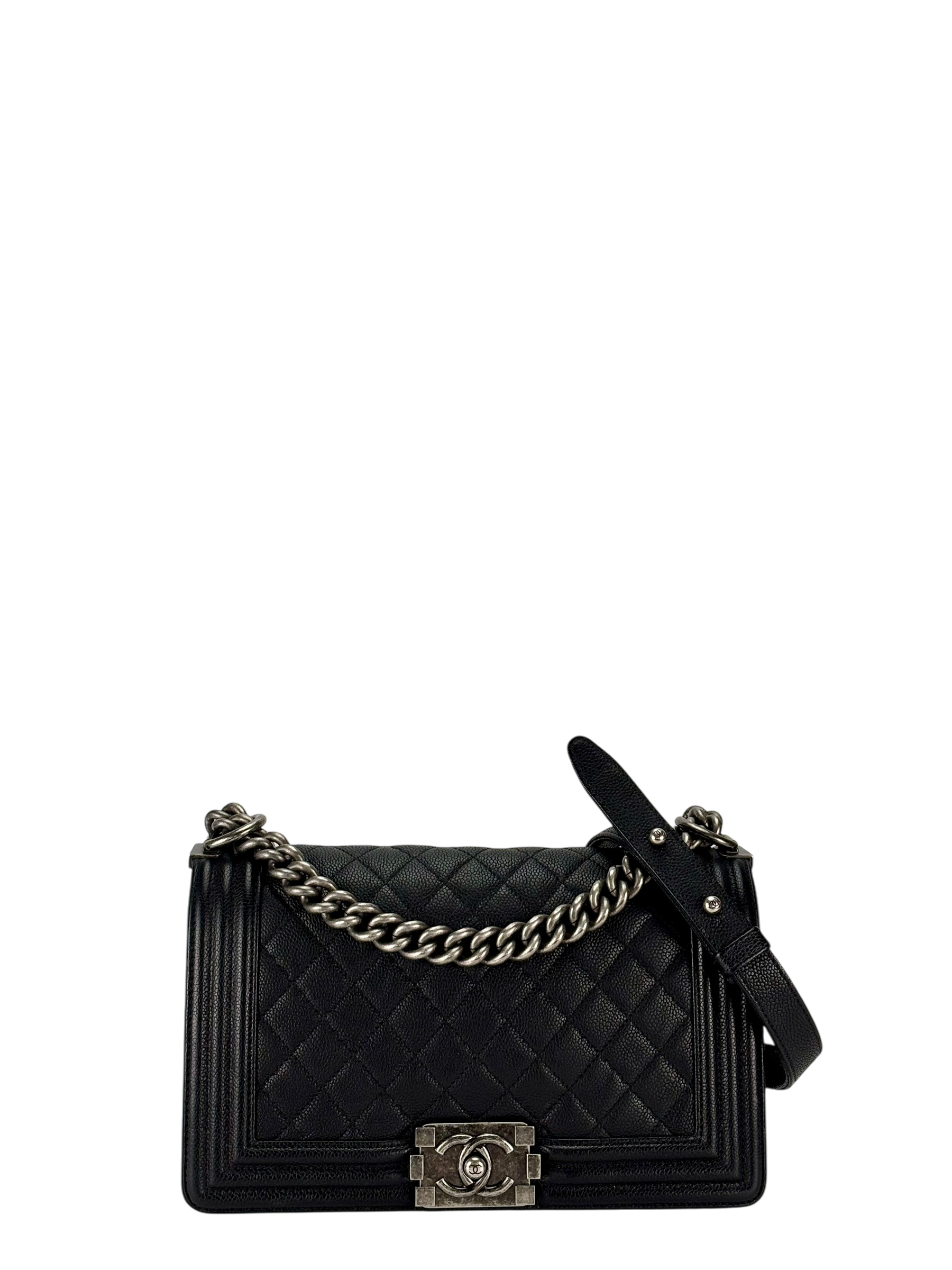 CHANEL - Medium Boy Flap Bag Black Caviar Sliver Hardware