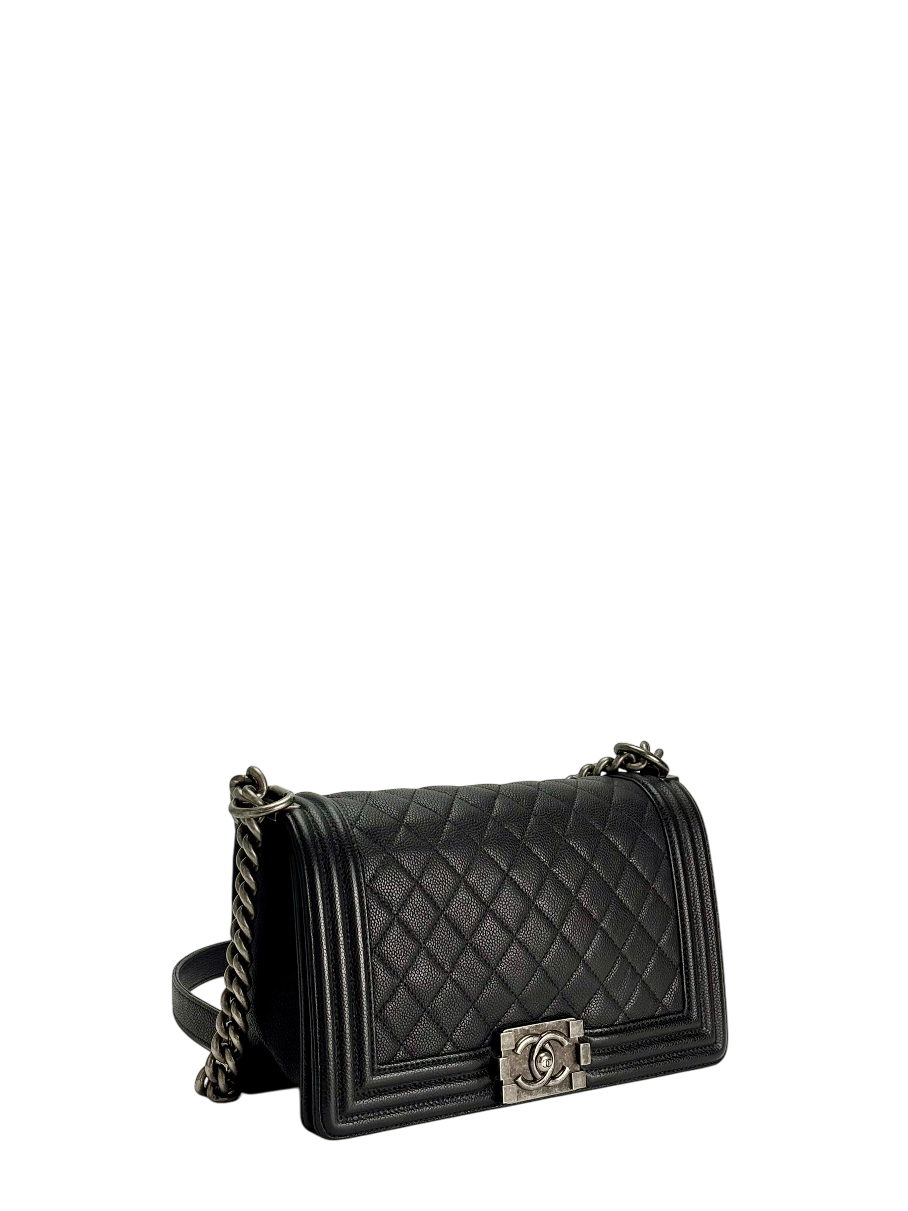 CHANEL - Medium Boy Flap Bag Black Caviar Sliver Hardware