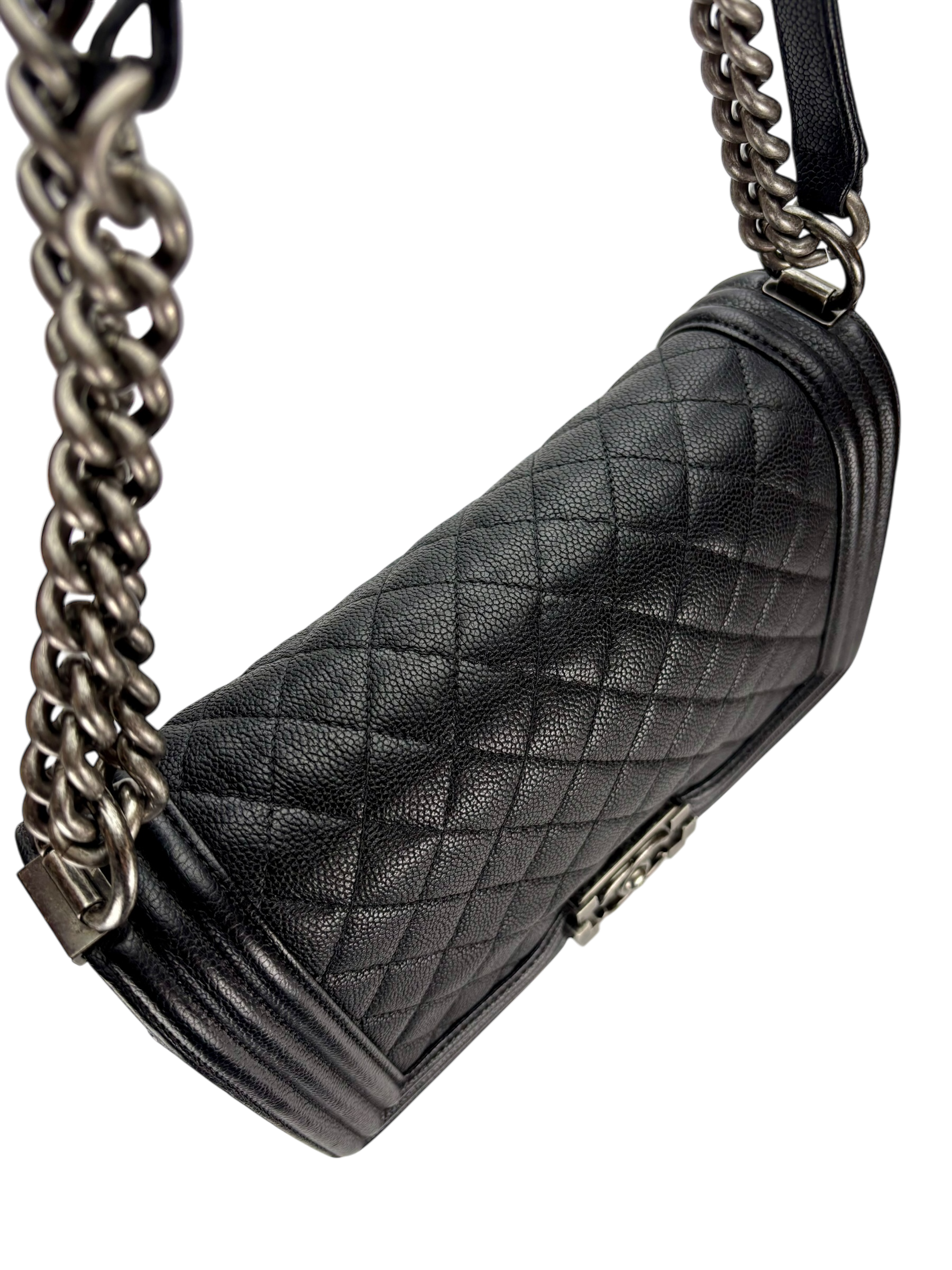 CHANEL - Medium Boy Flap Bag Black Caviar Sliver Hardware