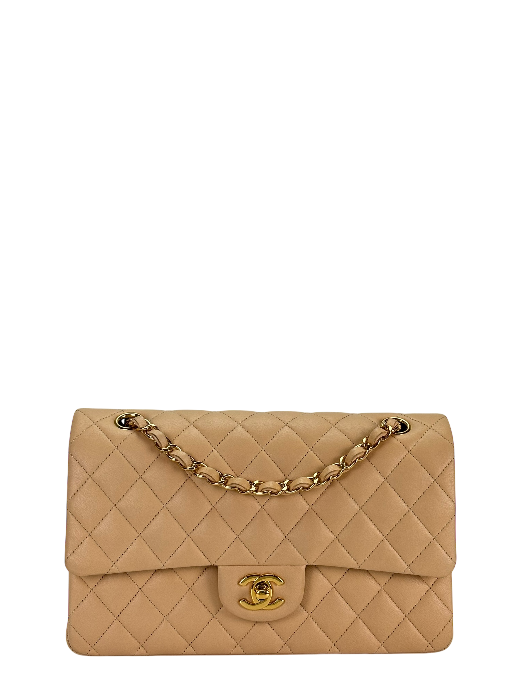 CHANEL - Medium Classic Double Flap Bag Beige Lambskin Gold Hardware (CF25) 