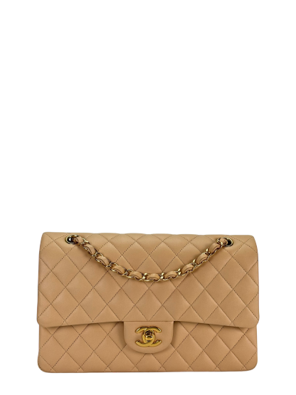 CHANEL - Medium Classic Double Flap Bag Beige Lambskin Gold Hardware (CF25) 